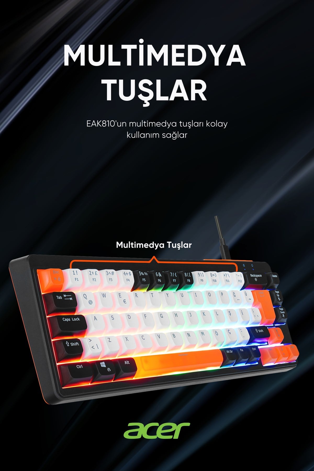 eMachines EAK810 Oyuncu Klavyesi Rainbow Aydınlatma Mini Klavye Türkçe Q Gaming Klavye Siyah