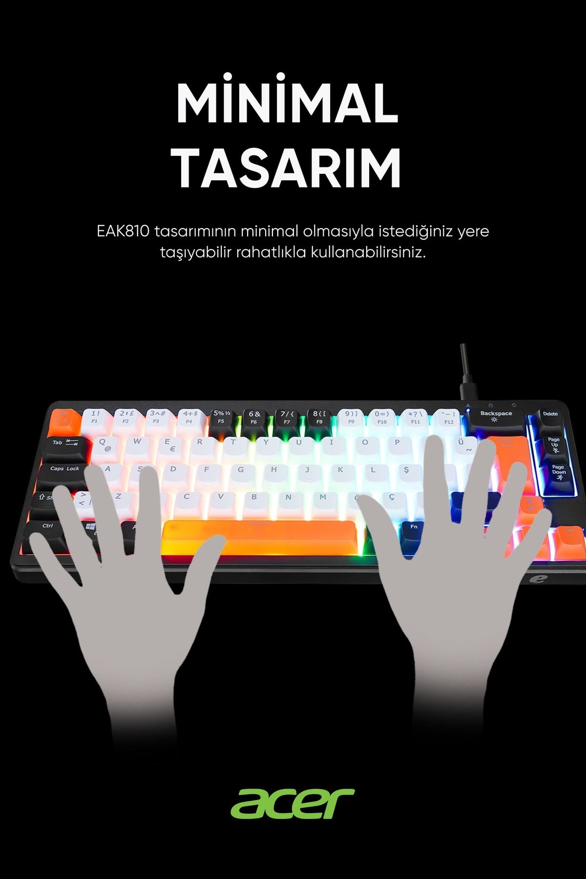 eMachines EAK810 Oyuncu Klavyesi Rainbow Aydınlatma Mini Klavye Türkçe Q Gaming Klavye Siyah