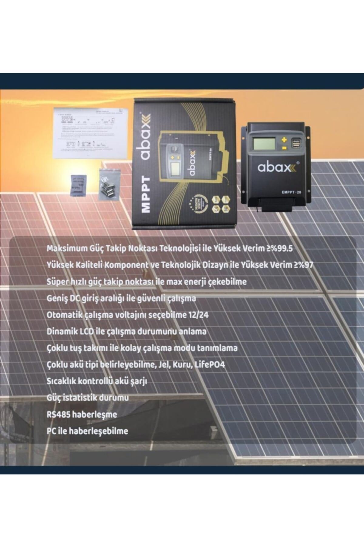 Emppt20 2a'lik Çift Usb Çıkışlı 12/24vdc Mppt 20a Geniş Lcd Ekran Solar Şarj Kontrol Cihazı