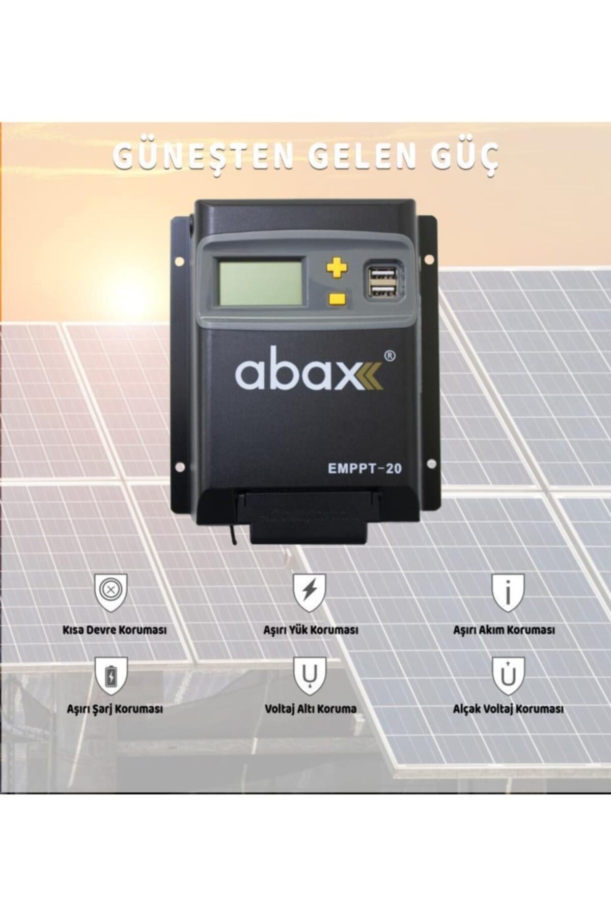 Emppt20 2a'lik Çift Usb Çıkışlı 12/24vdc Mppt 20a Geniş Lcd Ekran Solar Şarj Kontrol Cihazı