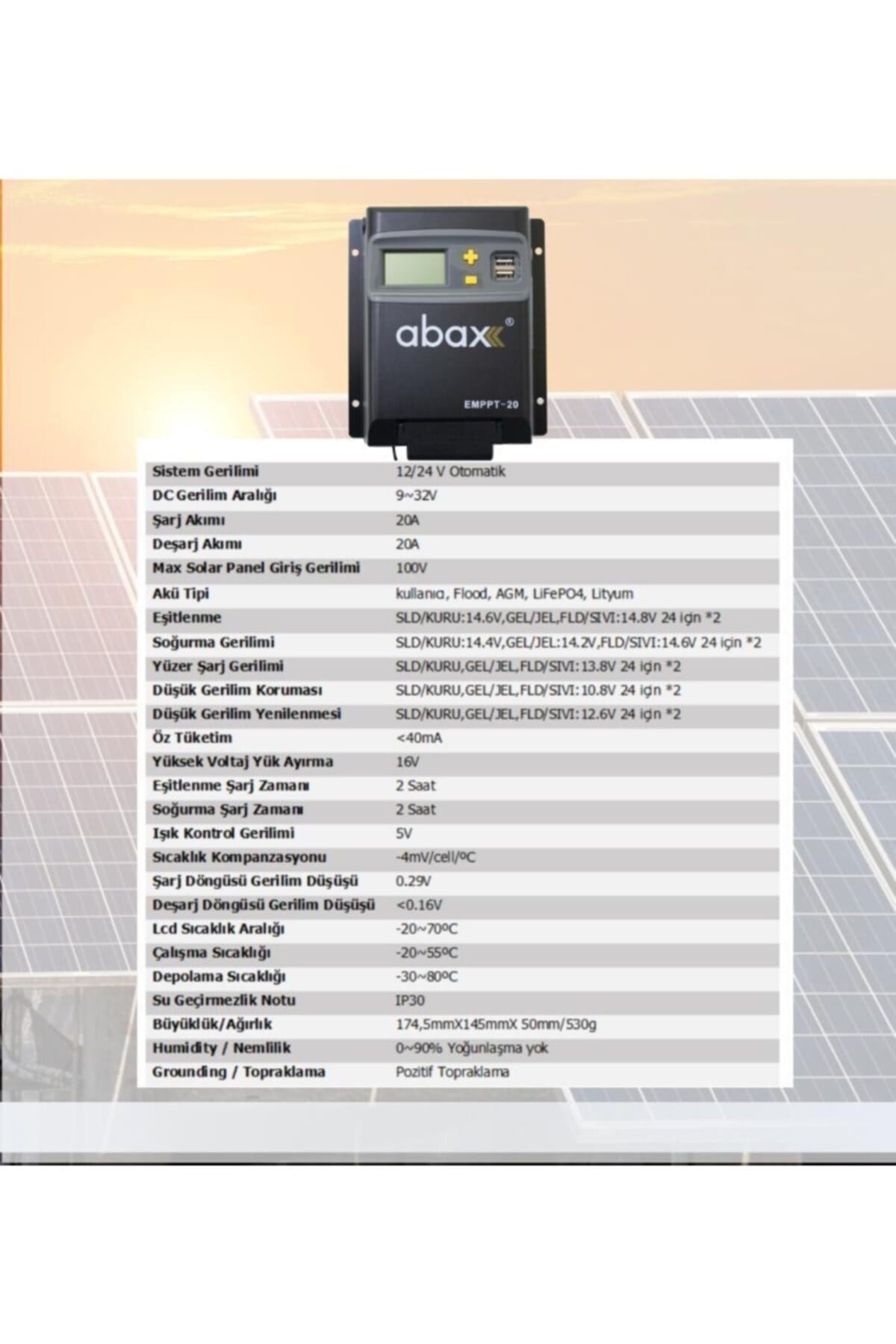 Emppt20 2a'lik Çift Usb Çıkışlı 12/24vdc Mppt 20a Geniş Lcd Ekran Solar Şarj Kontrol Cihazı