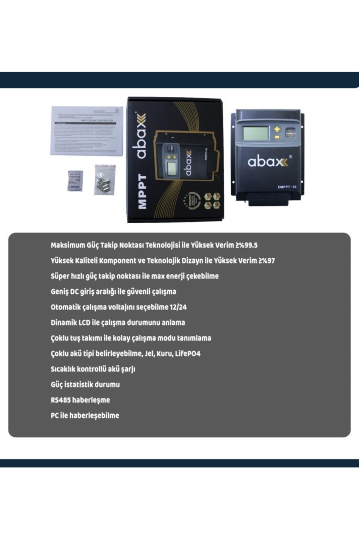 Emppt30 2a''lik Çift Usb Çıkışlı 12/24vdc Mppt 30a Geniş Lcd Ekran Solar Şarj Kontrol Cihazı