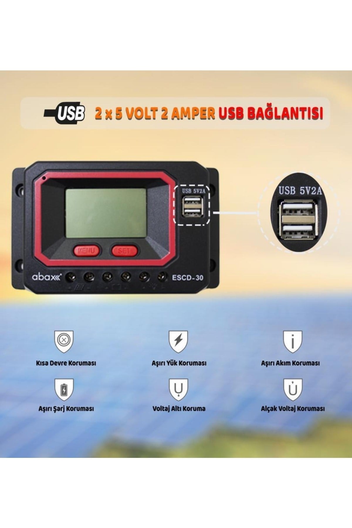 Escd30 2a'lik Çift Usb Çıkışlı 12/24v Dc 30a Pwm Zaman Ayarlı Akıllı Solar Şarj Kontrol Cihazı
