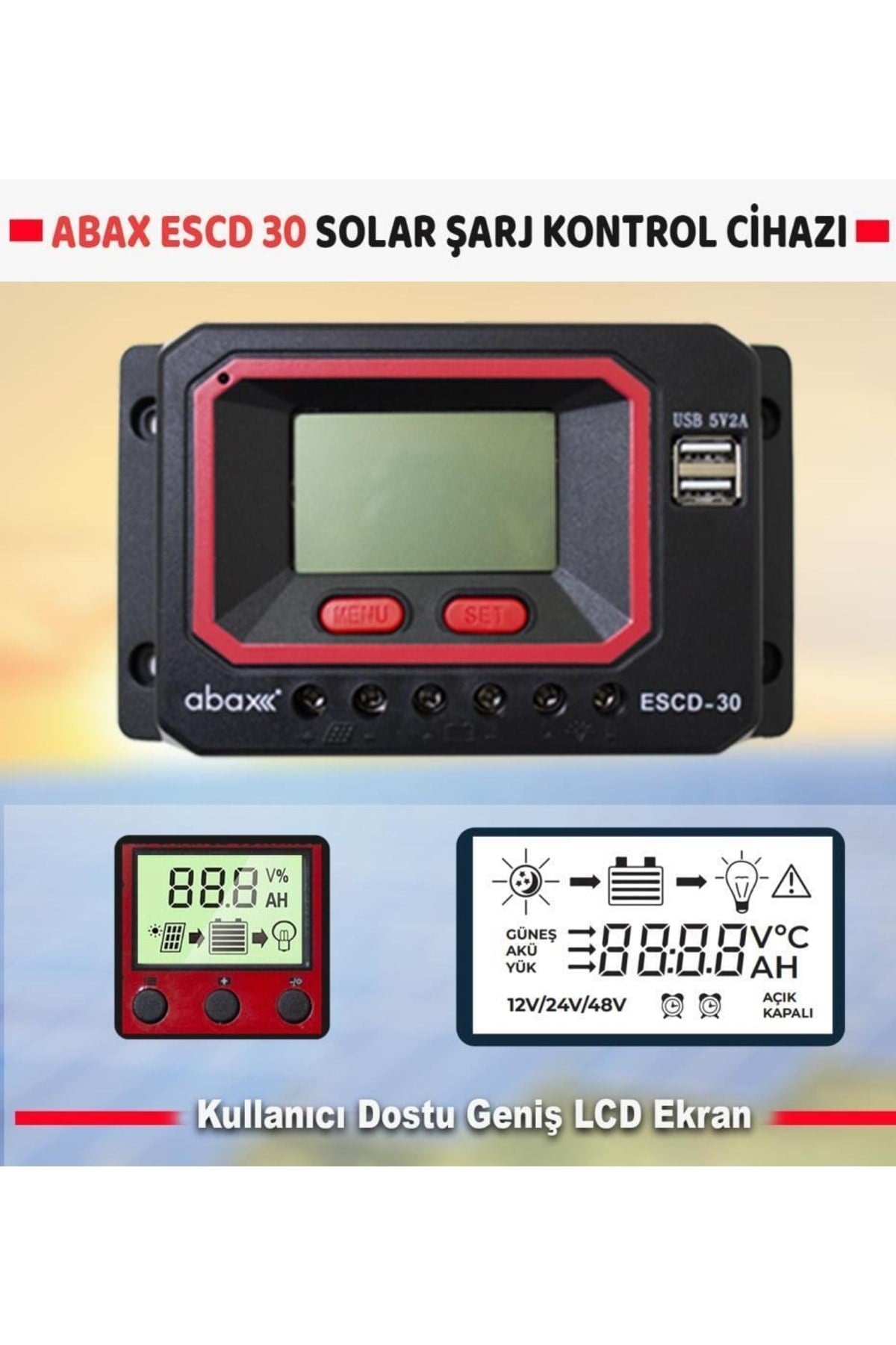 Escd30 2a'lik Çift Usb Çıkışlı 12/24v Dc 30a Pwm Zaman Ayarlı Akıllı Solar Şarj Kontrol Cihazı