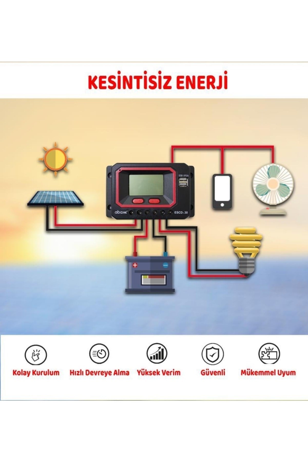 Escd30 2a'lik Çift Usb Çıkışlı 12/24v Dc 30a Pwm Zaman Ayarlı Akıllı Solar Şarj Kontrol Cihazı