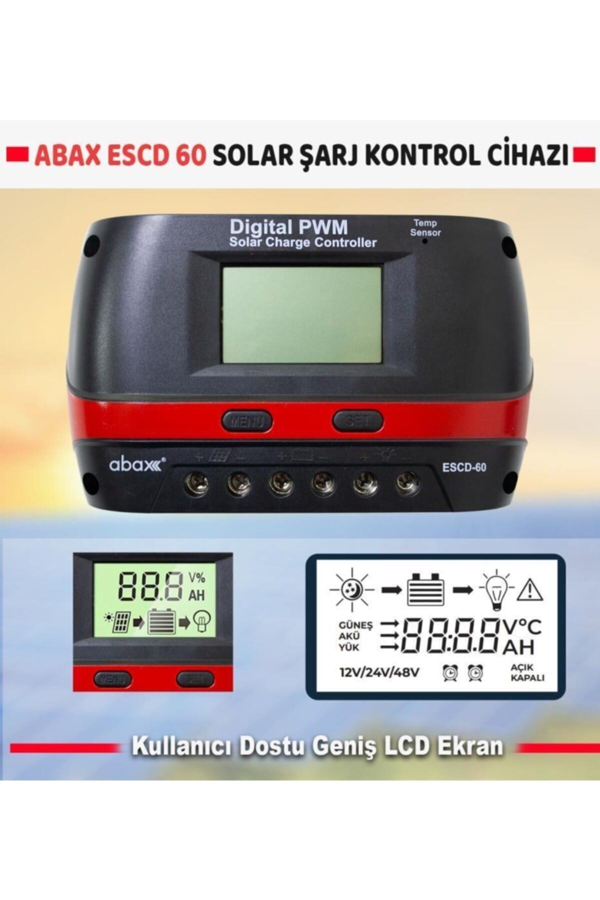 Escd60 2a'lik Çift Usb Çıkışlı 12/24v Dc 60a Pwm Zaman Ayarlı Akıllı Solar Şarj Kontrol Cihazı