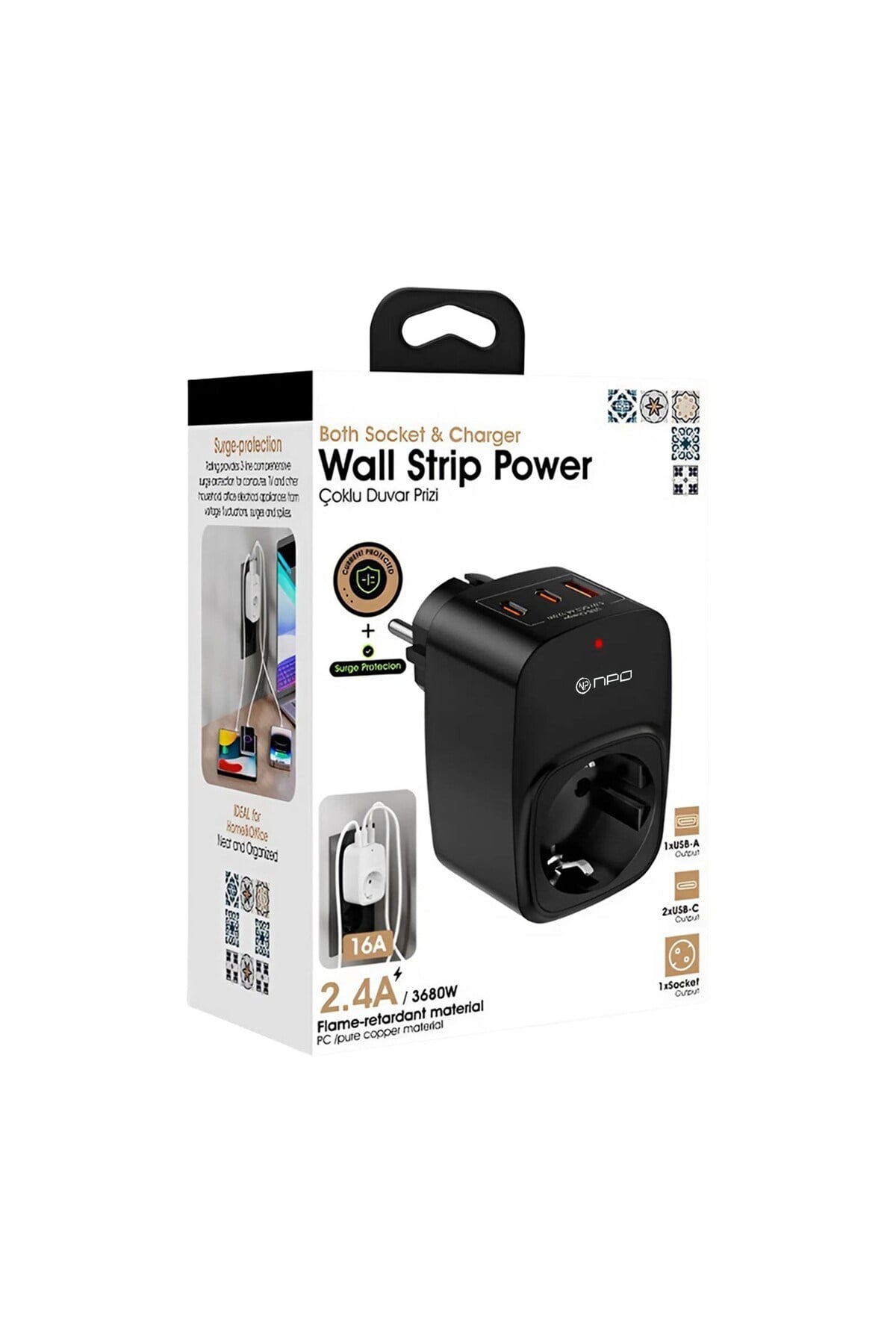 Fulltech24 3680W Yüksek Voltaj/Akım ve Çocuk Korumalı Type-C ve USB Çoğaltıcı Duvar Prizi