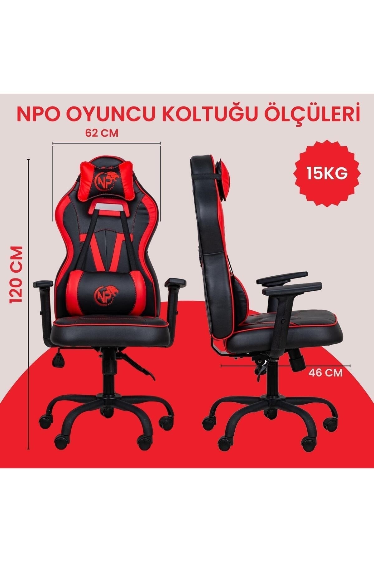 GC1001BR 2D Kolçaklı,Boyun ve Sırt Destekli Oyuncu Koltuğu, Kırmızı-Siyah