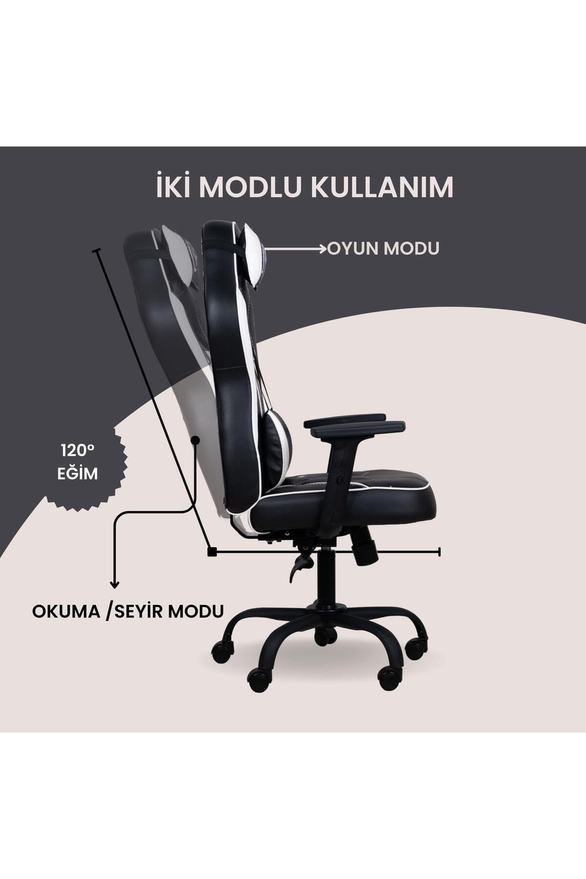 GC1001BW 2D Kolçaklı,Boyun ve Sırt Destekli Oyuncu Koltuğu, Siyah-Beyaz