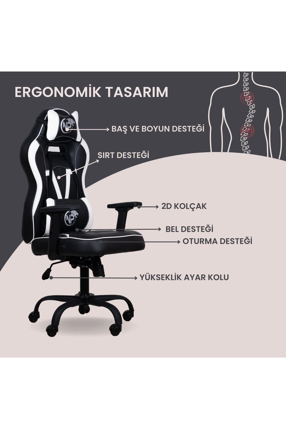 GC1001BW 2D Kolçaklı,Boyun ve Sırt Destekli Oyuncu Koltuğu, Siyah-Beyaz