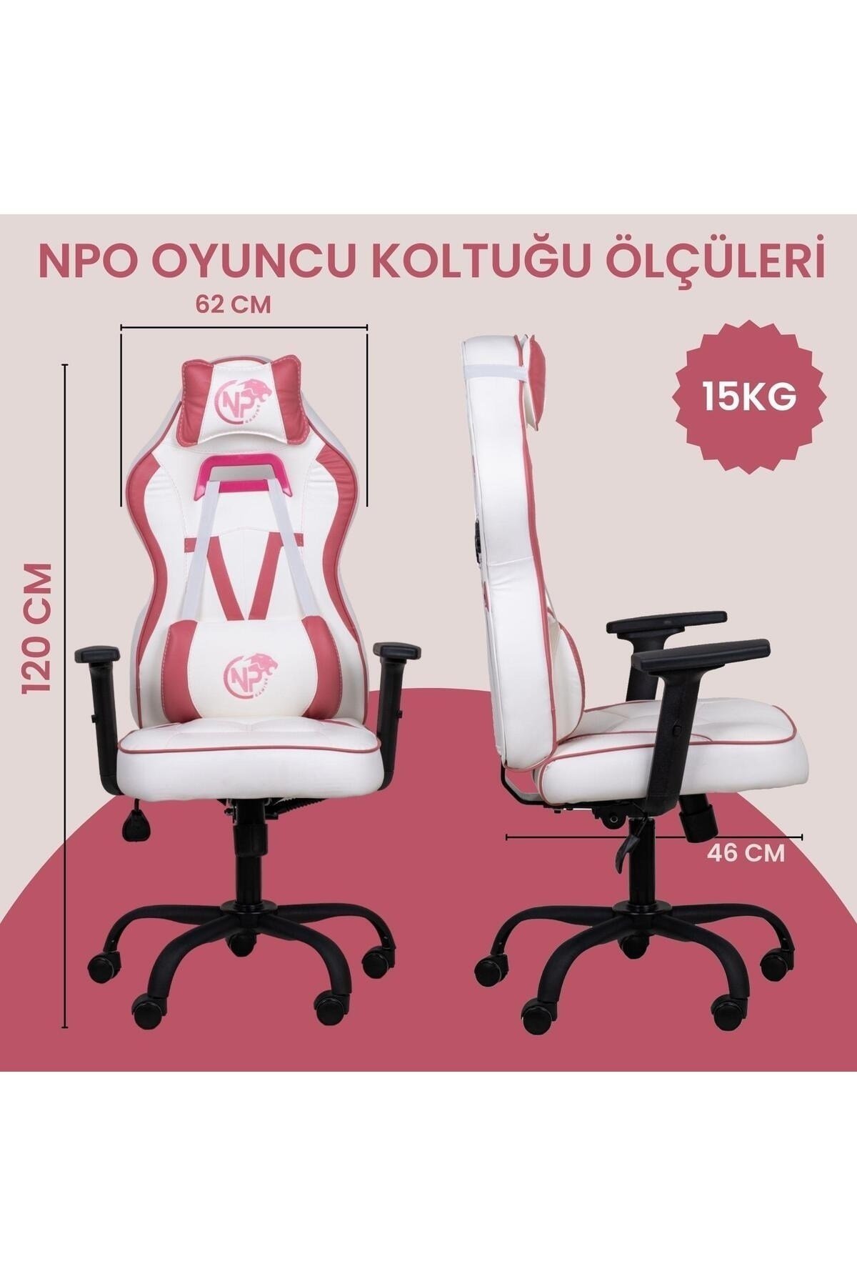 GC1001PW 2D Kolçaklı,Boyun ve Sırt Destekli Oyuncu Koltuğu, Pembe-Beyaz
