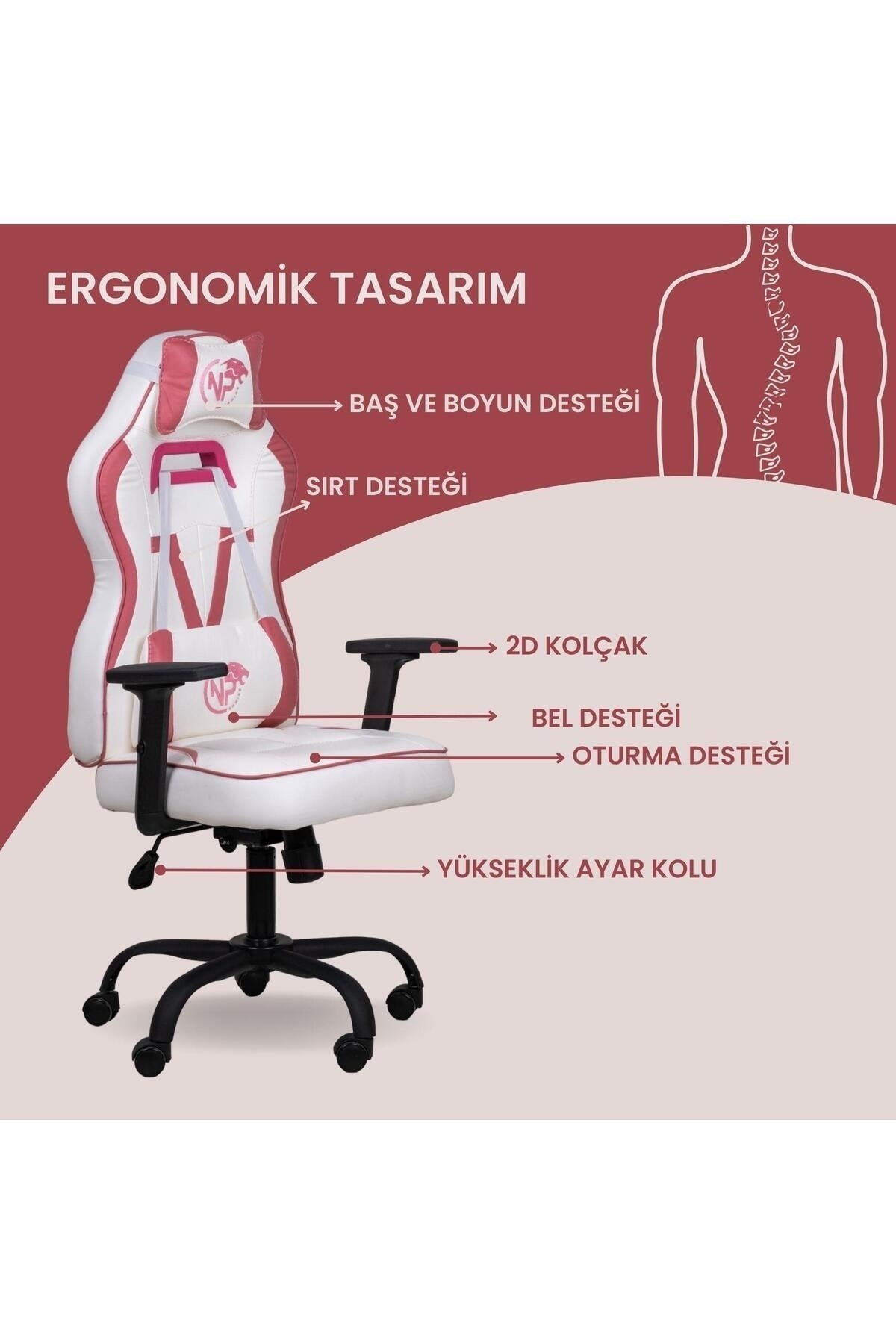 GC1001PW 2D Kolçaklı,Boyun ve Sırt Destekli Oyuncu Koltuğu, Pembe-Beyaz