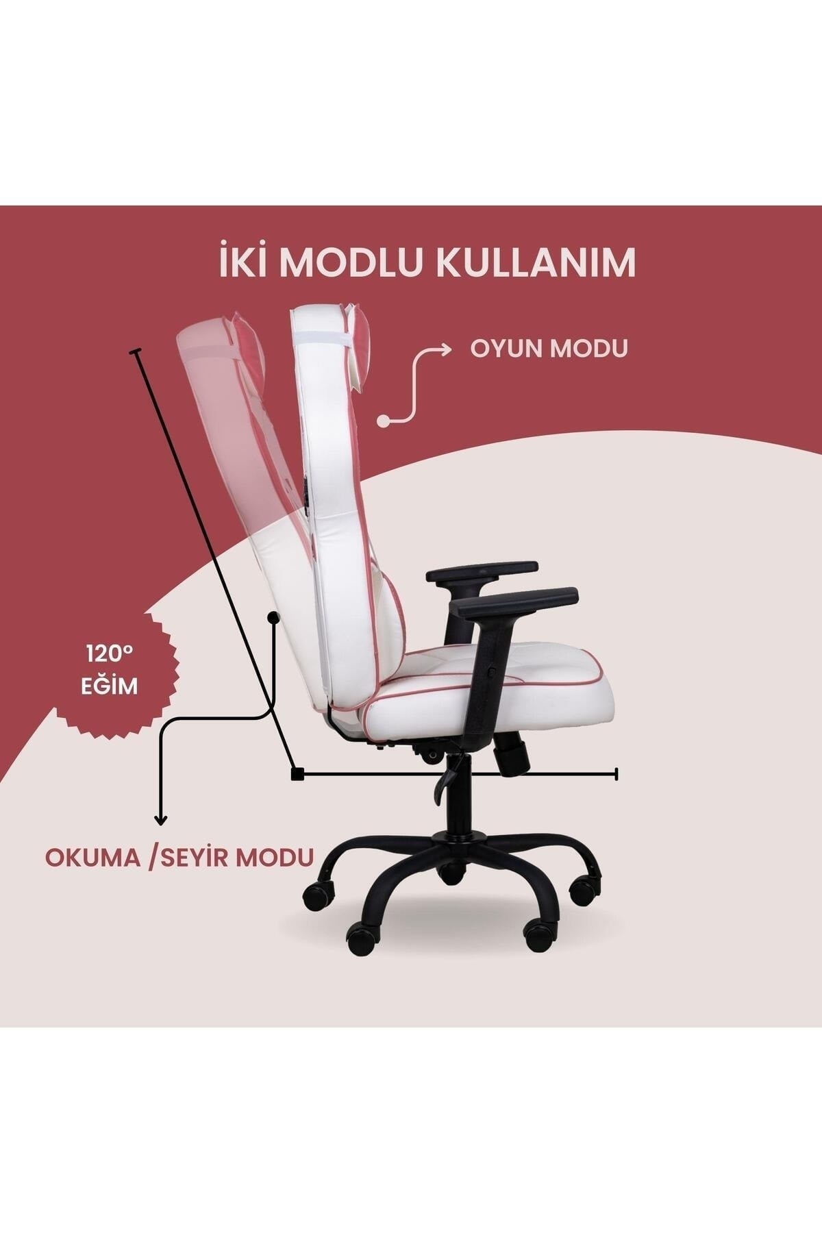 GC1001PW 2D Kolçaklı,Boyun ve Sırt Destekli Oyuncu Koltuğu, Pembe-Beyaz
