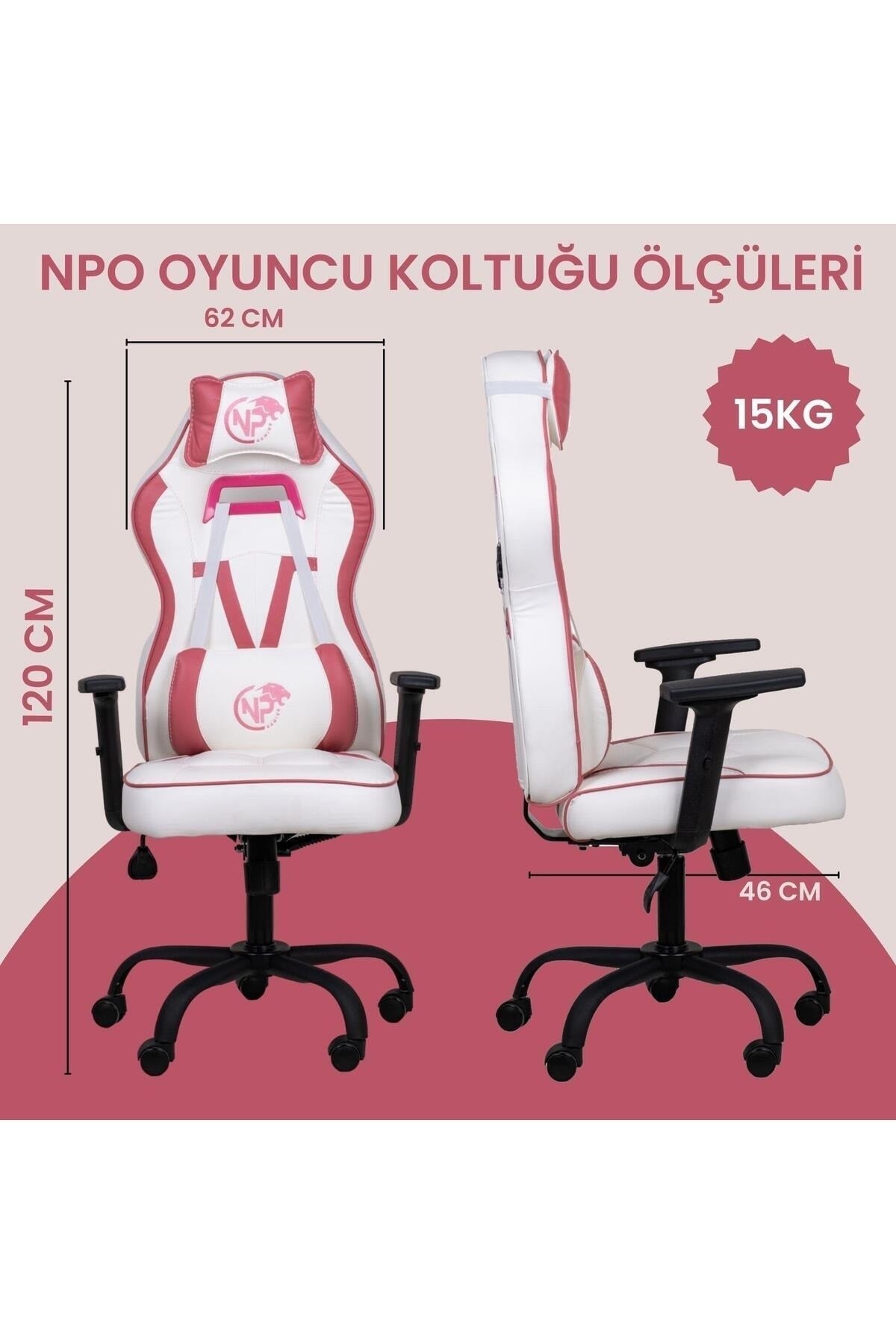 GC1001PW 2D Kolçaklı,Boyun ve Sırt Destekli Oyuncu Koltuğu, Pembe-Beyaz