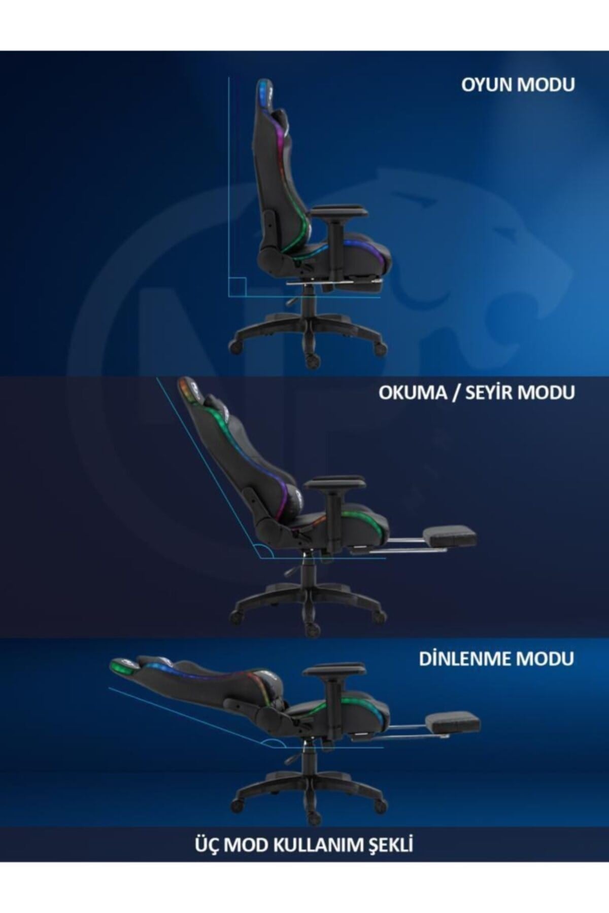 Gc3001bb Masajlı,rgb,4d Kolçaklı,ayak Destekli Oyuncu Koltuğu, Mavi- Siyah