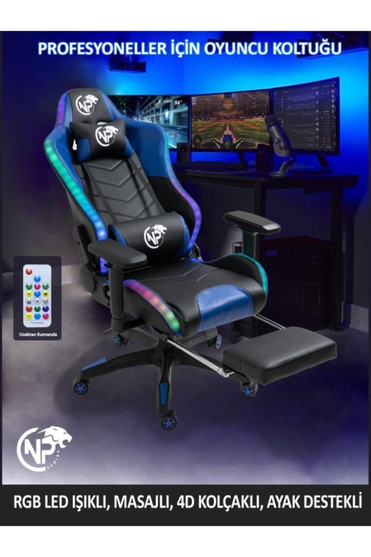 Gc3001bb Masajlı,rgb,4d Kolçaklı,ayak Destekli Oyuncu Koltuğu, Mavi- Siyah