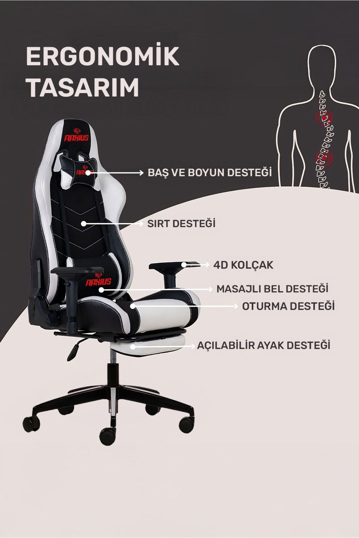 GC3001BW Masajlı,RGB,4D Kolçaklı,Ayak Destekli Oyuncu Koltuğu, Siyah- Beyaz