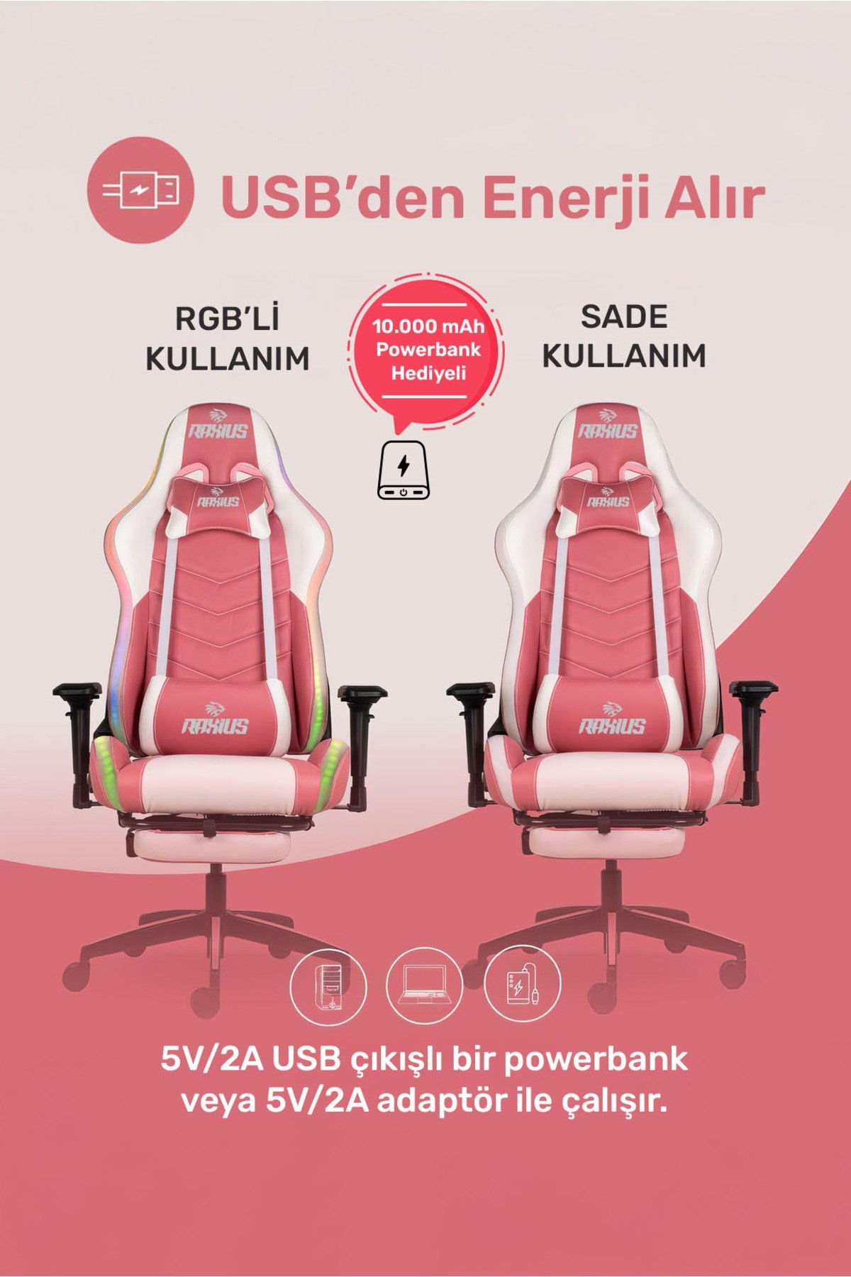 GC3001PW Masajlı,RGB,4D Kolçaklı,Ayak Destekli Oyuncu Koltuğu, Pembe- Beyaz