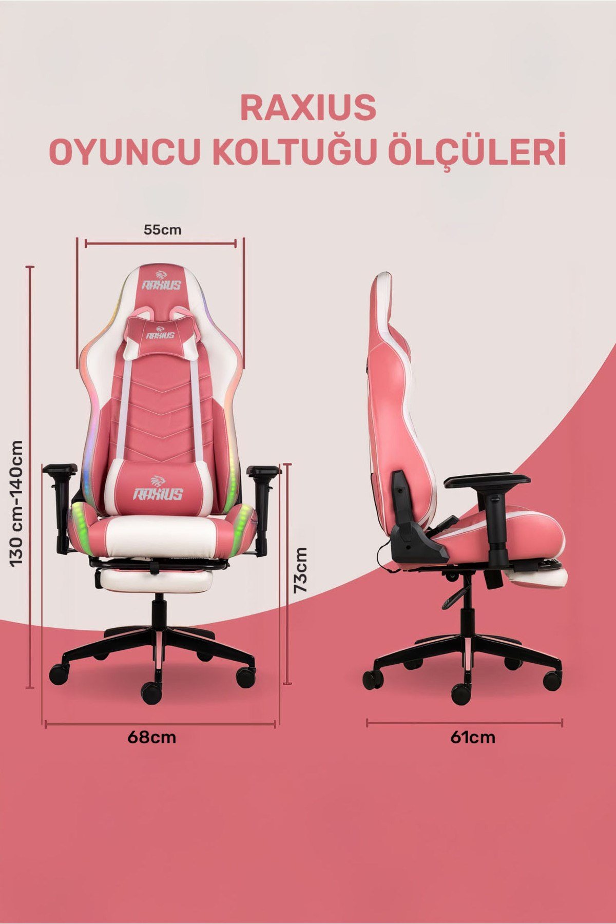 GC3001PW Masajlı,RGB,4D Kolçaklı,Ayak Destekli Oyuncu Koltuğu, Pembe- Beyaz