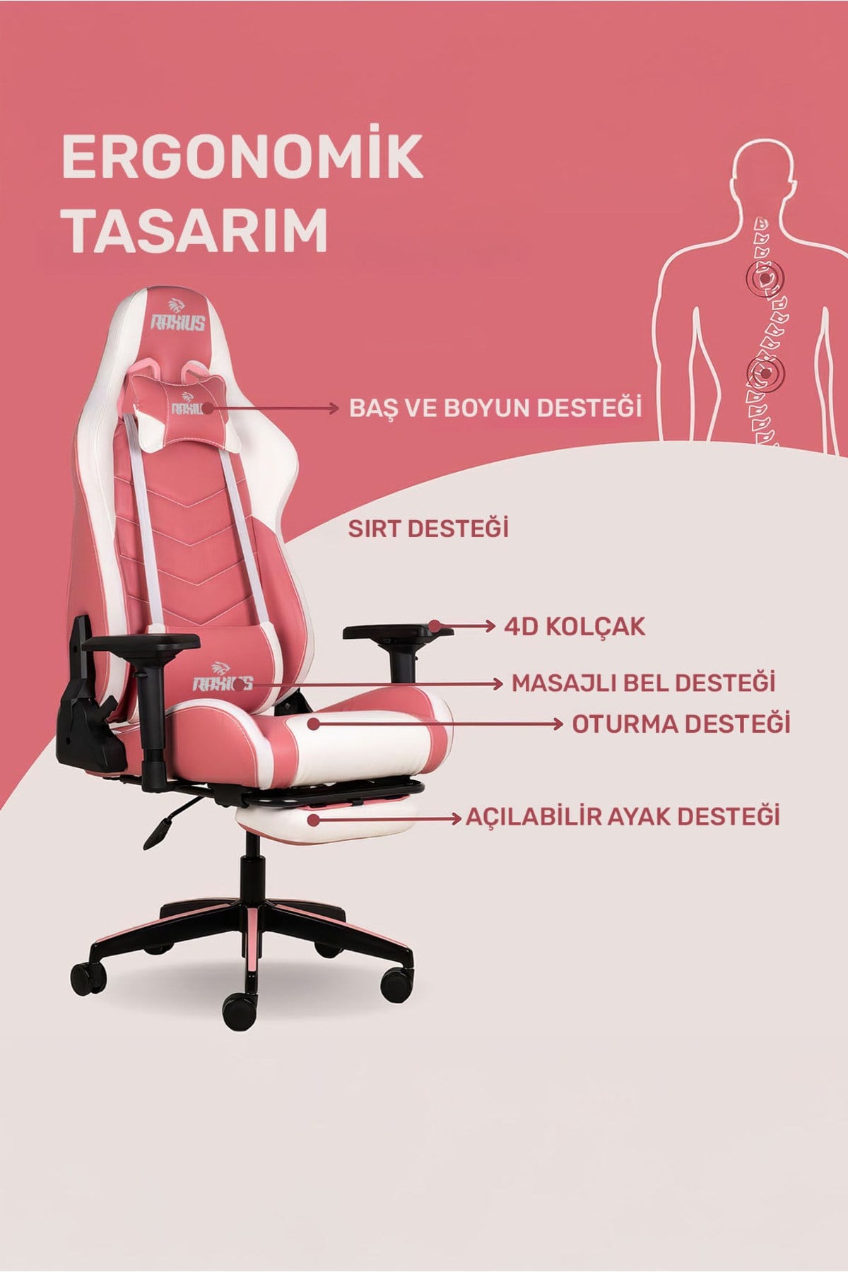 GC3001PW Masajlı,RGB,4D Kolçaklı,Ayak Destekli Oyuncu Koltuğu, Pembe- Beyaz