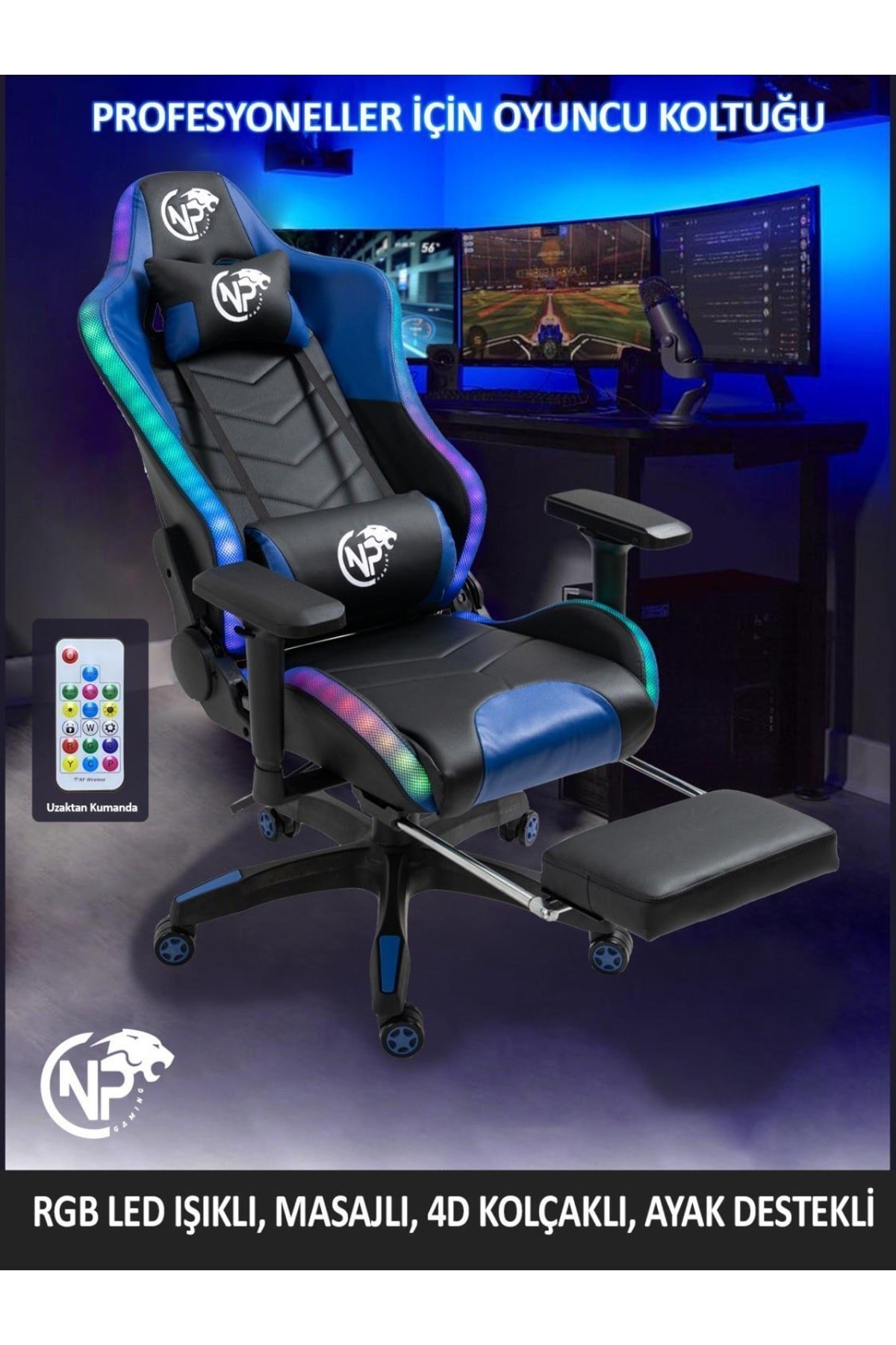 Gc5001bb Bluetooth Hoparlörlü,masajlı,rgb,4d Kolçaklı,ayak Destekli Oyuncu Koltuğu, Mavi-siyah