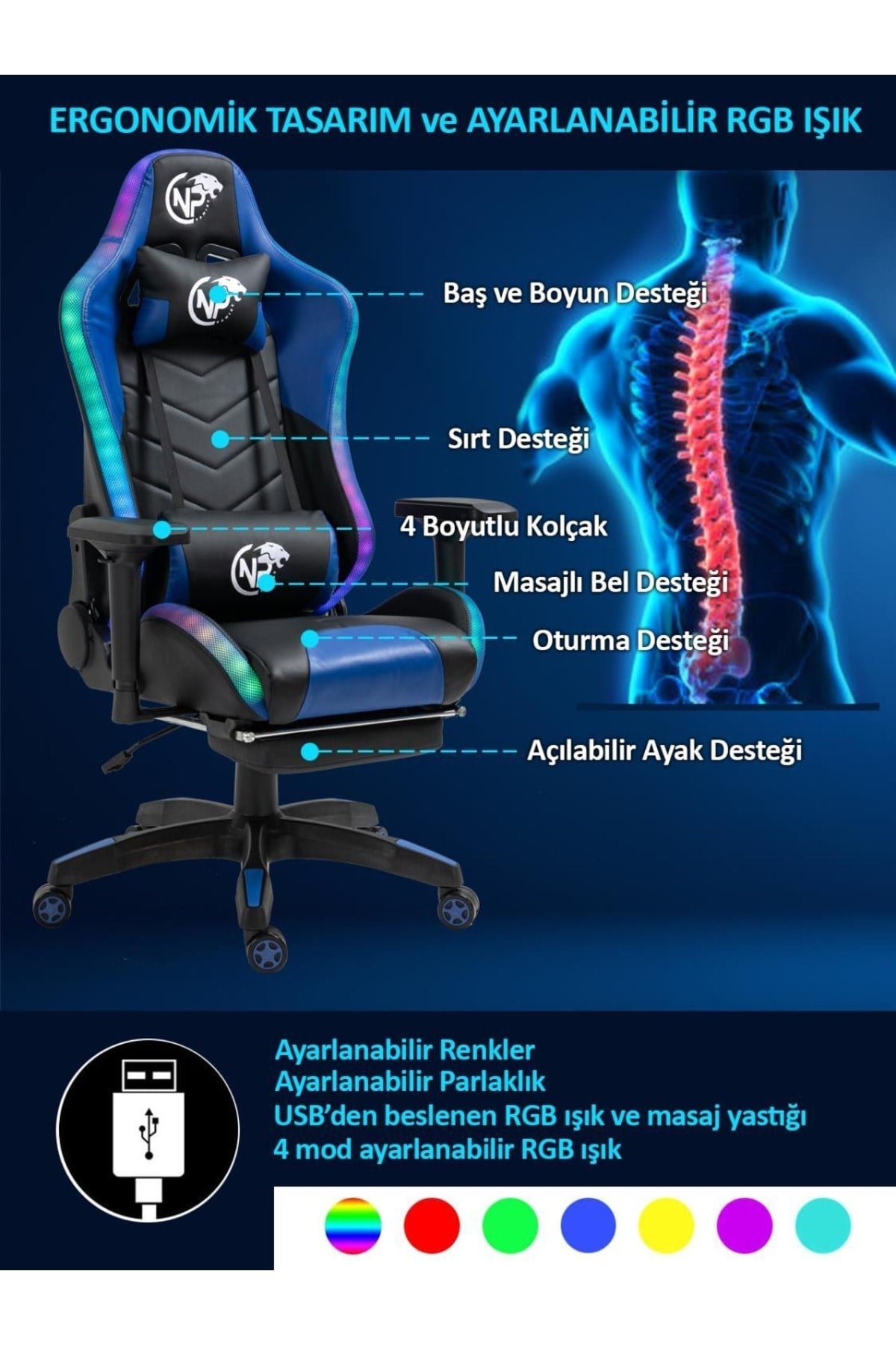 Gc5001bb Bluetooth Hoparlörlü,masajlı,rgb,4d Kolçaklı,ayak Destekli Oyuncu Koltuğu, Mavi-siyah
