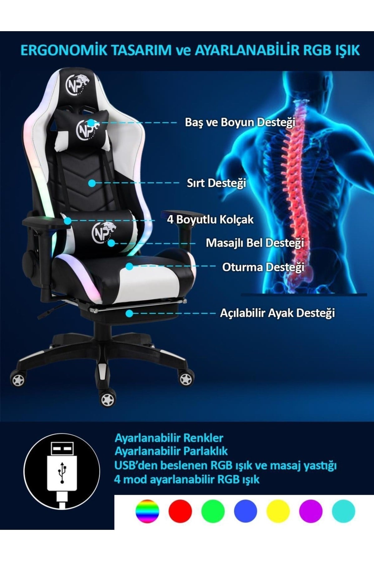 Gc5001bw Bluetooth Hoparlörlü,masajlı,rgb,4d Kolçaklı,ayak Destekli Oyuncu Koltuğu,beyaz- Siyah