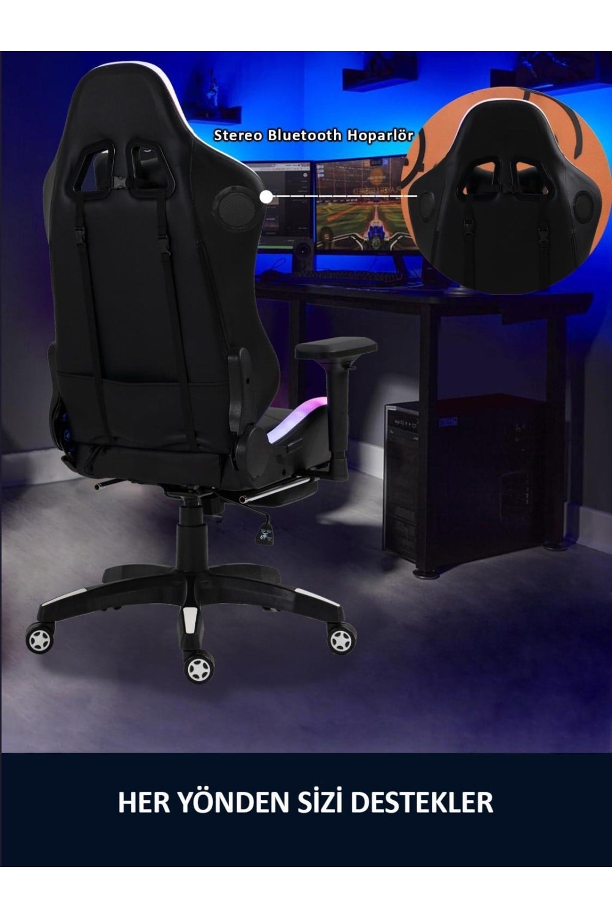 Gc5001bw Bluetooth Hoparlörlü,masajlı,rgb,4d Kolçaklı,ayak Destekli Oyuncu Koltuğu,beyaz- Siyah