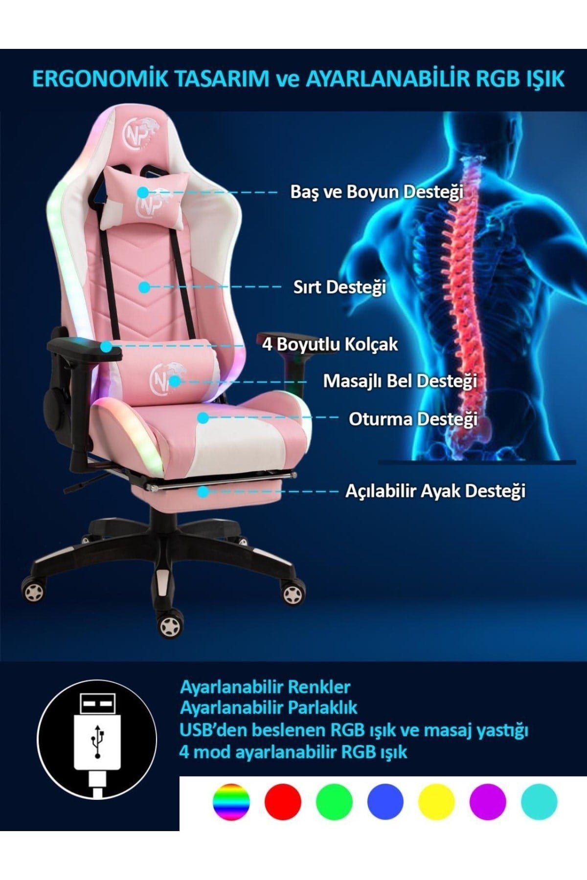 Gc5001pw Bluetooth Hoparlörlü,masajlı,rgb,4d Kolçaklı,ayak Destekli Oyuncu Koltuğu,pembe-beyaz