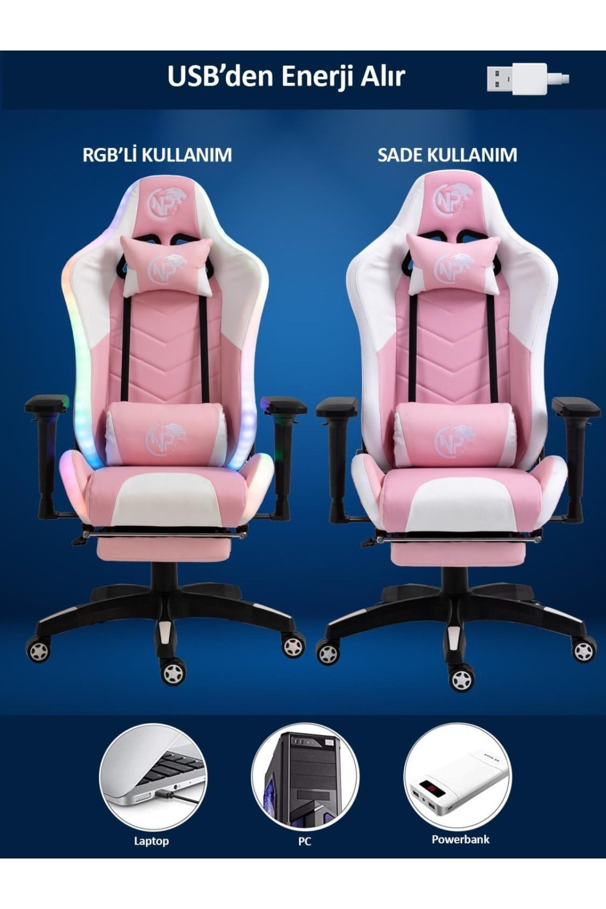Gc5001pw Bluetooth Hoparlörlü,masajlı,rgb,4d Kolçaklı,ayak Destekli Oyuncu Koltuğu,pembe-beyaz