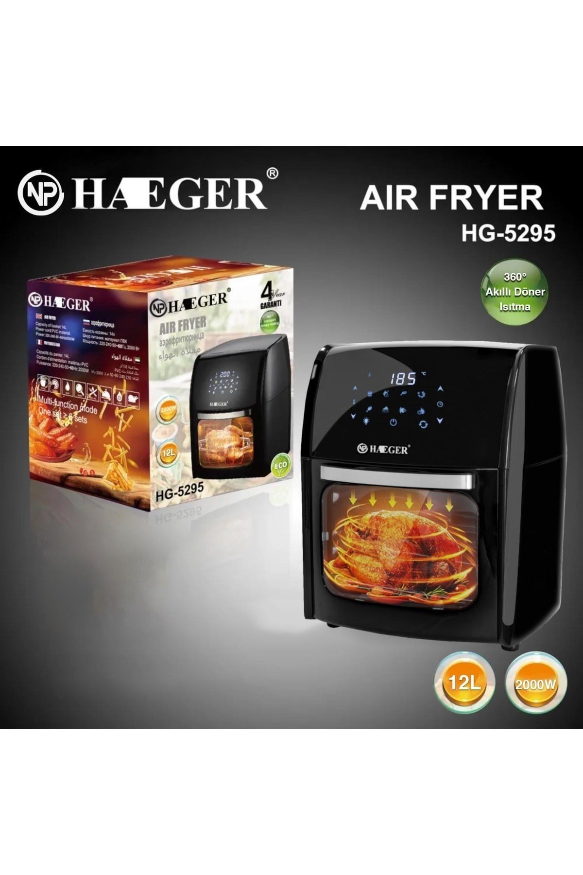 Haeger Hg-5295 Dokunmatik 12l Fırın Tipi 5 Aparatlı Airfryer 2000w Yağsız Kızartma Fritözü