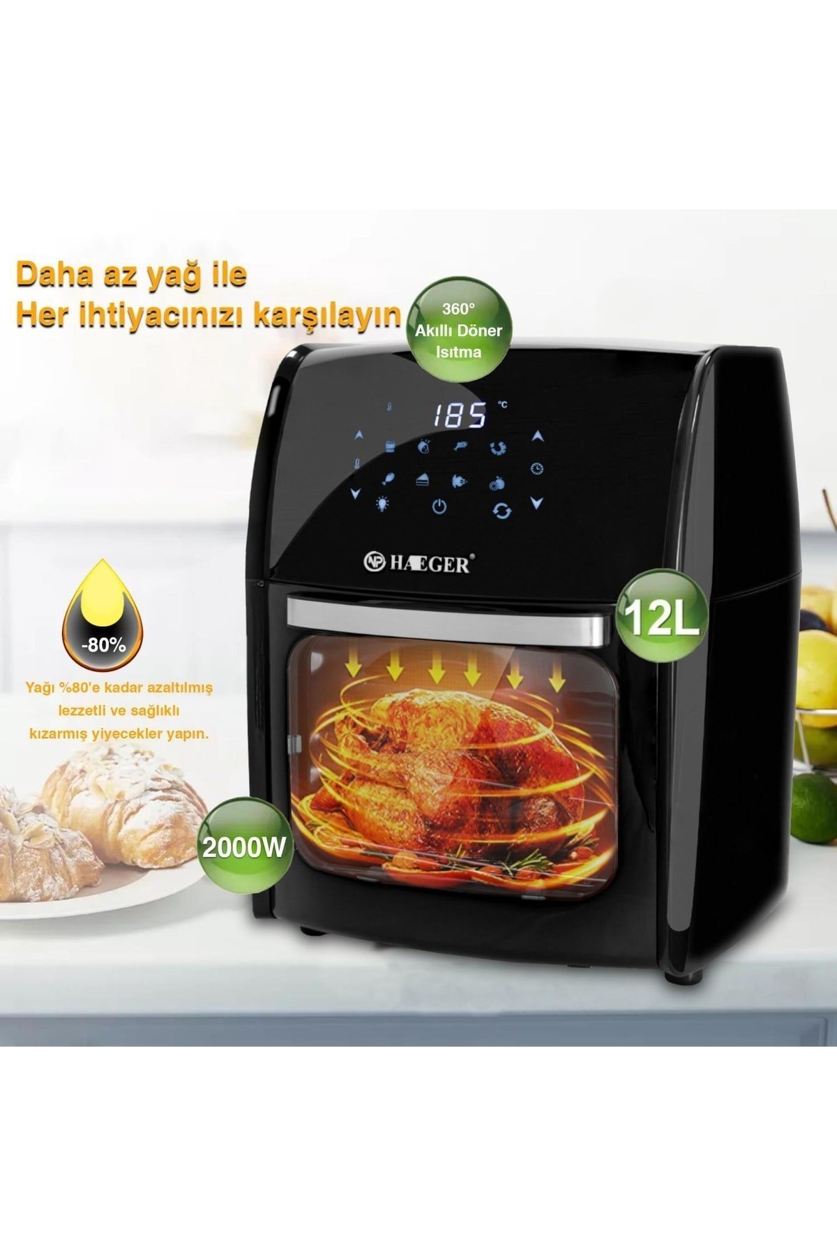 Haeger Hg-5295 Dokunmatik 12l Fırın Tipi 5 Aparatlı Airfryer 2000w Yağsız Kızartma Fritözü