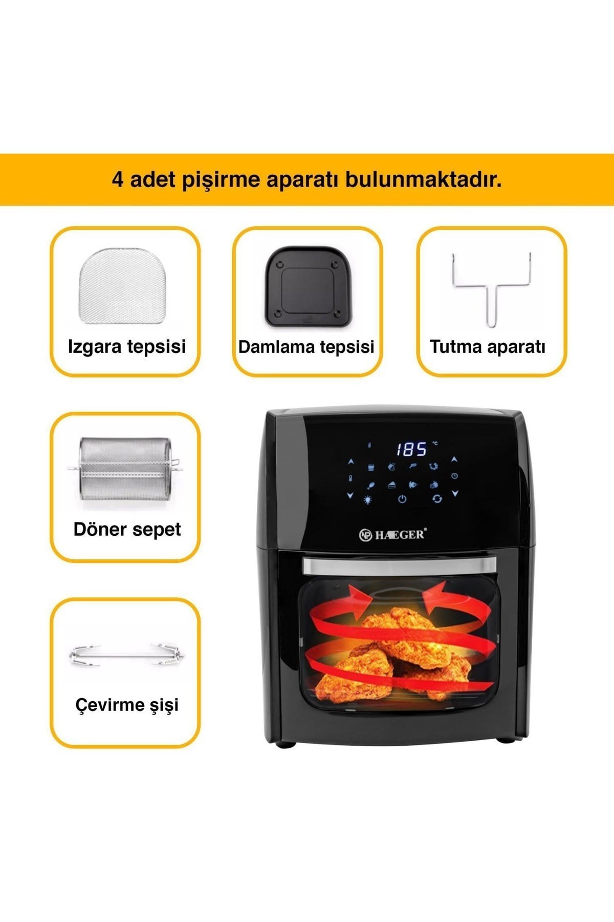 Haeger Hg-5295 Dokunmatik 12l Fırın Tipi 5 Aparatlı Airfryer 2000w Yağsız Kızartma Fritözü