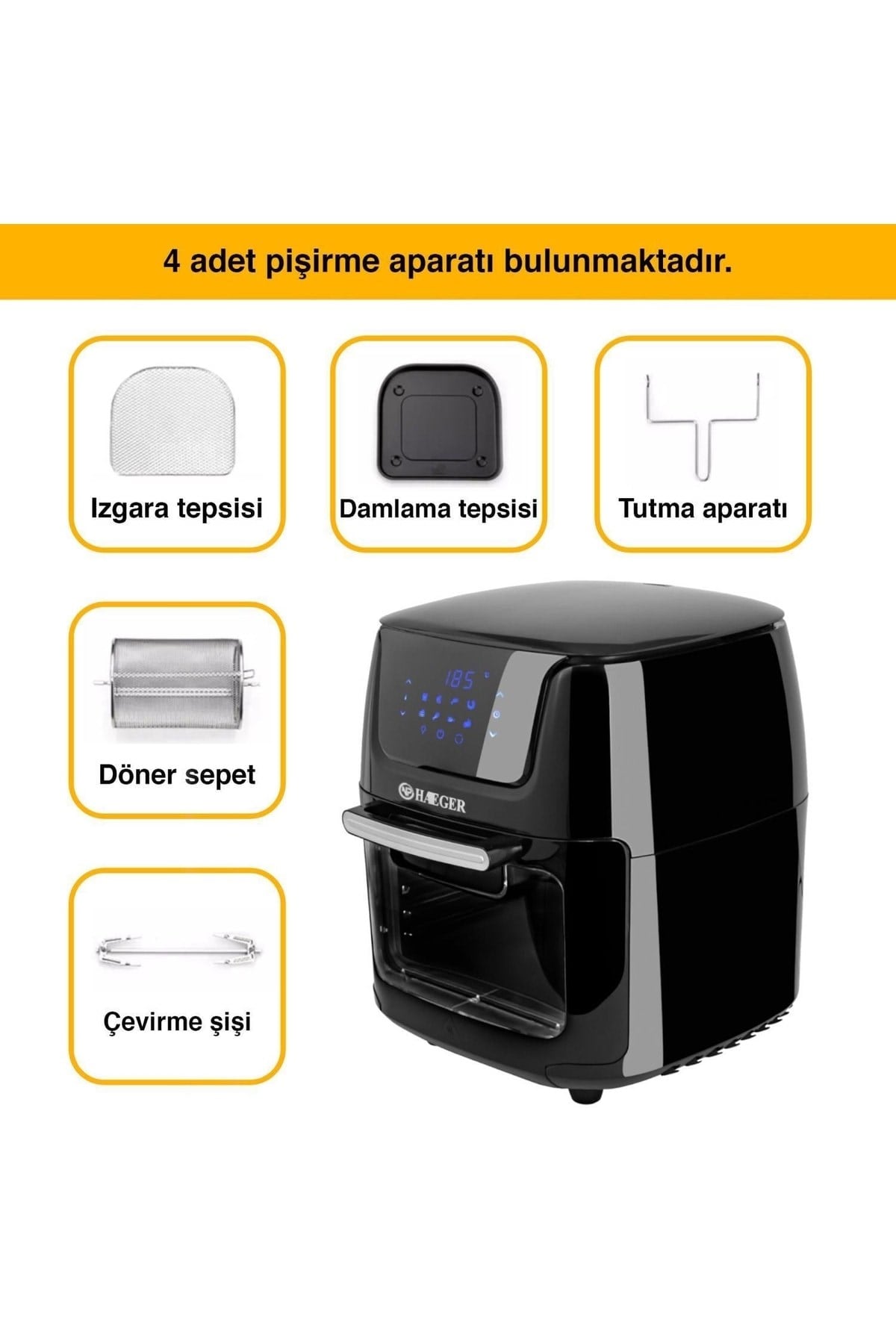 Haeger Hg-5297 Dokunmatik 12l Fırın Tipi 5 Aparatlı Airfryer 1800w Yağsız Kızartma Fritözü