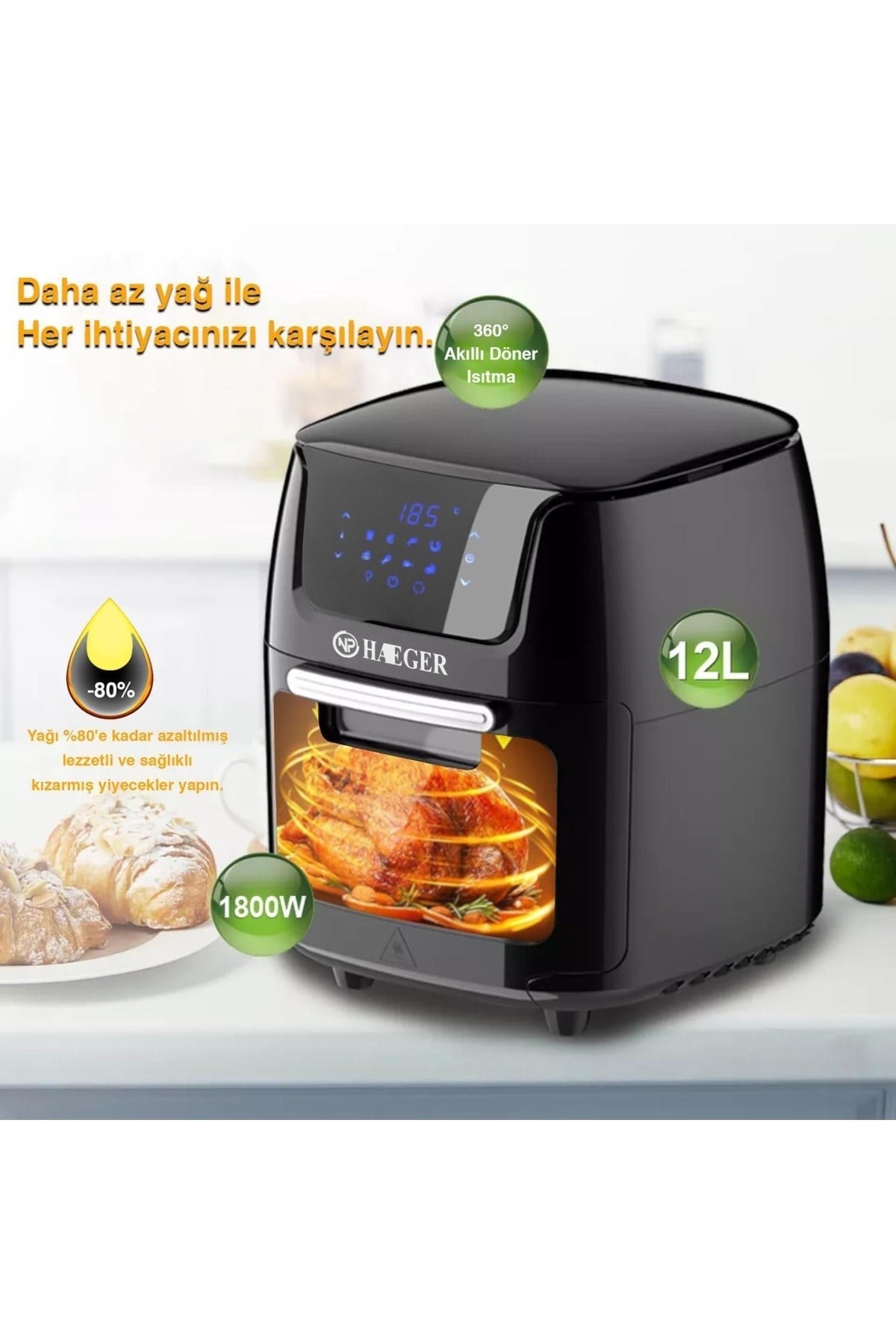 Haeger Hg-5297 Dokunmatik 12l Fırın Tipi 5 Aparatlı Airfryer 1800w Yağsız Kızartma Fritözü