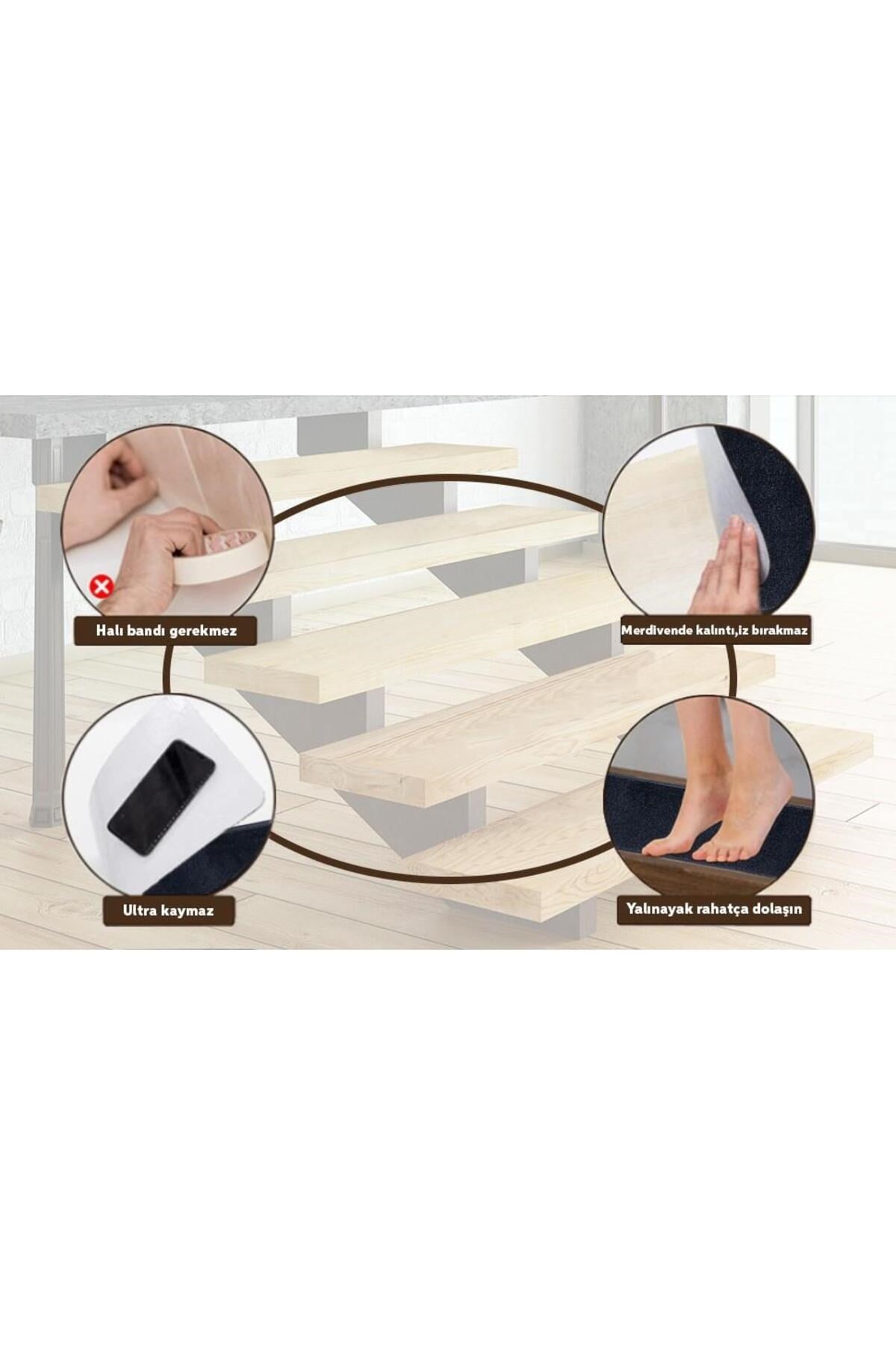 Home GH39A-GRYB-GRY3 Üçgen Desenli Kaydırmaz Tabanlı 3'lü Merdiven Halısı - Gri/Siyah