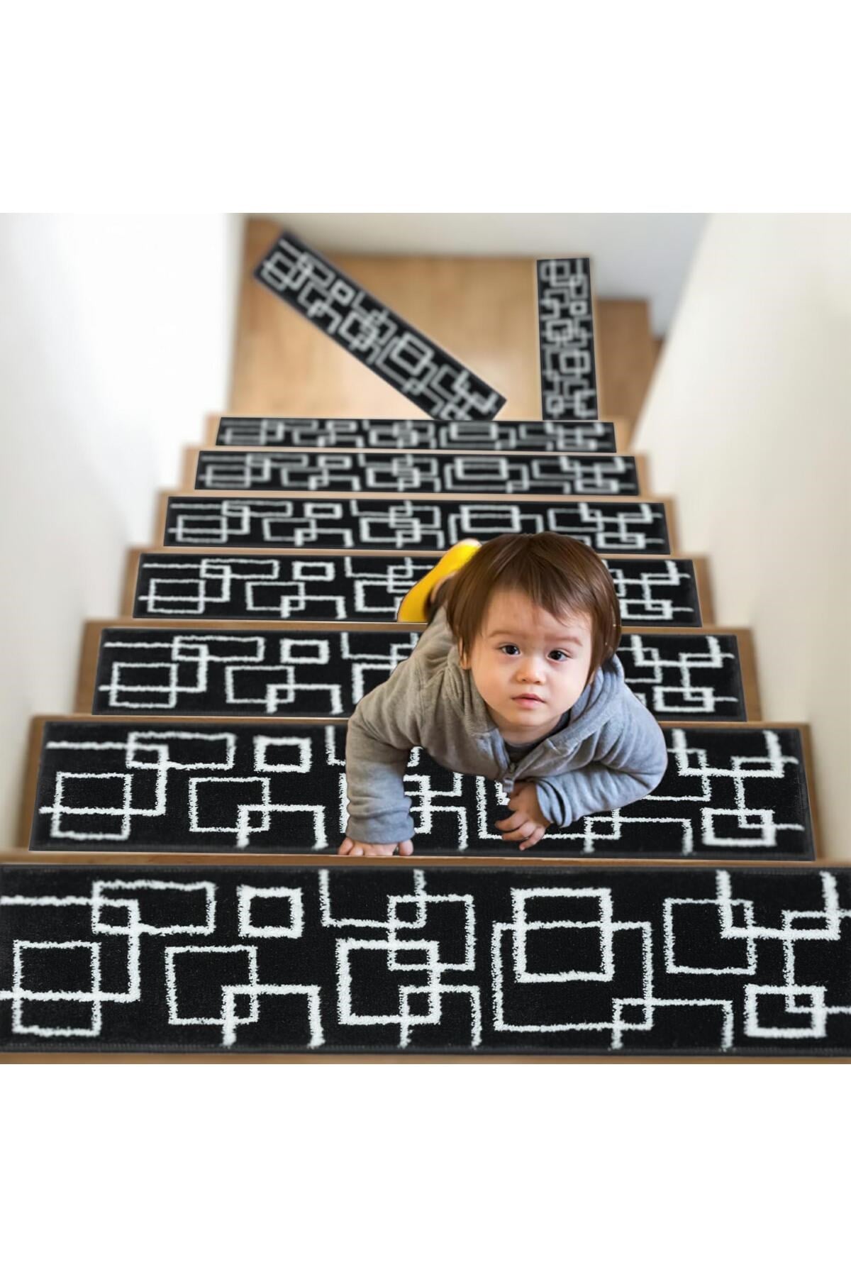 Home Gh40a-wb-gry5 Kare Desenli Kaydırmaz Tabanlı 5'li Merdiven Halısı - Beyaz/siyah