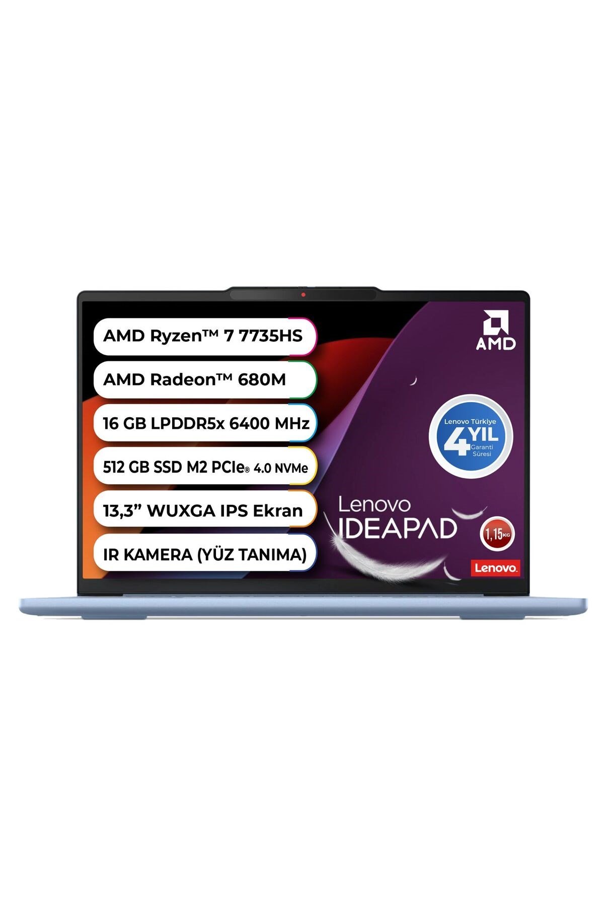 IdeaPad Slim 5 AMD Ryzen 7 7735HS 16 GB LPDDR5x 6400 MHz 512 GB Freedos 13.3 Inç 83J2003QTR