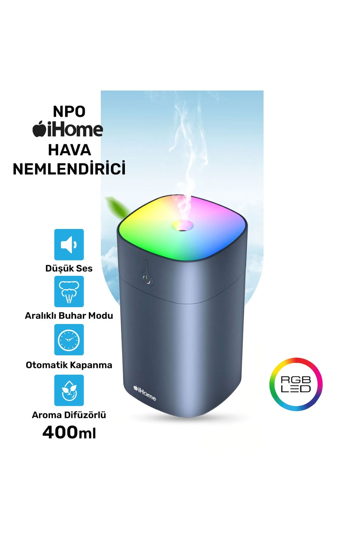 iHome 400ml RGB Renkli Aromaterapi Difüzör ve Ultrasonik Hava Nemlendirici Buhar Makinesi