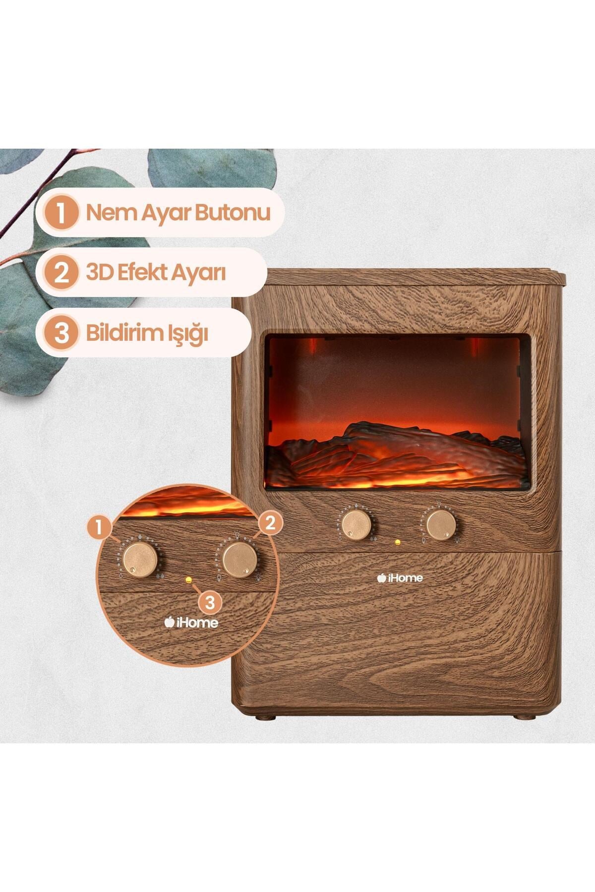 iHome NPD3L 3D Şömine Efektli 3L Aromaterapi Difüzör Ultrasonik Hava Nemlendirici Buhar Makinesi