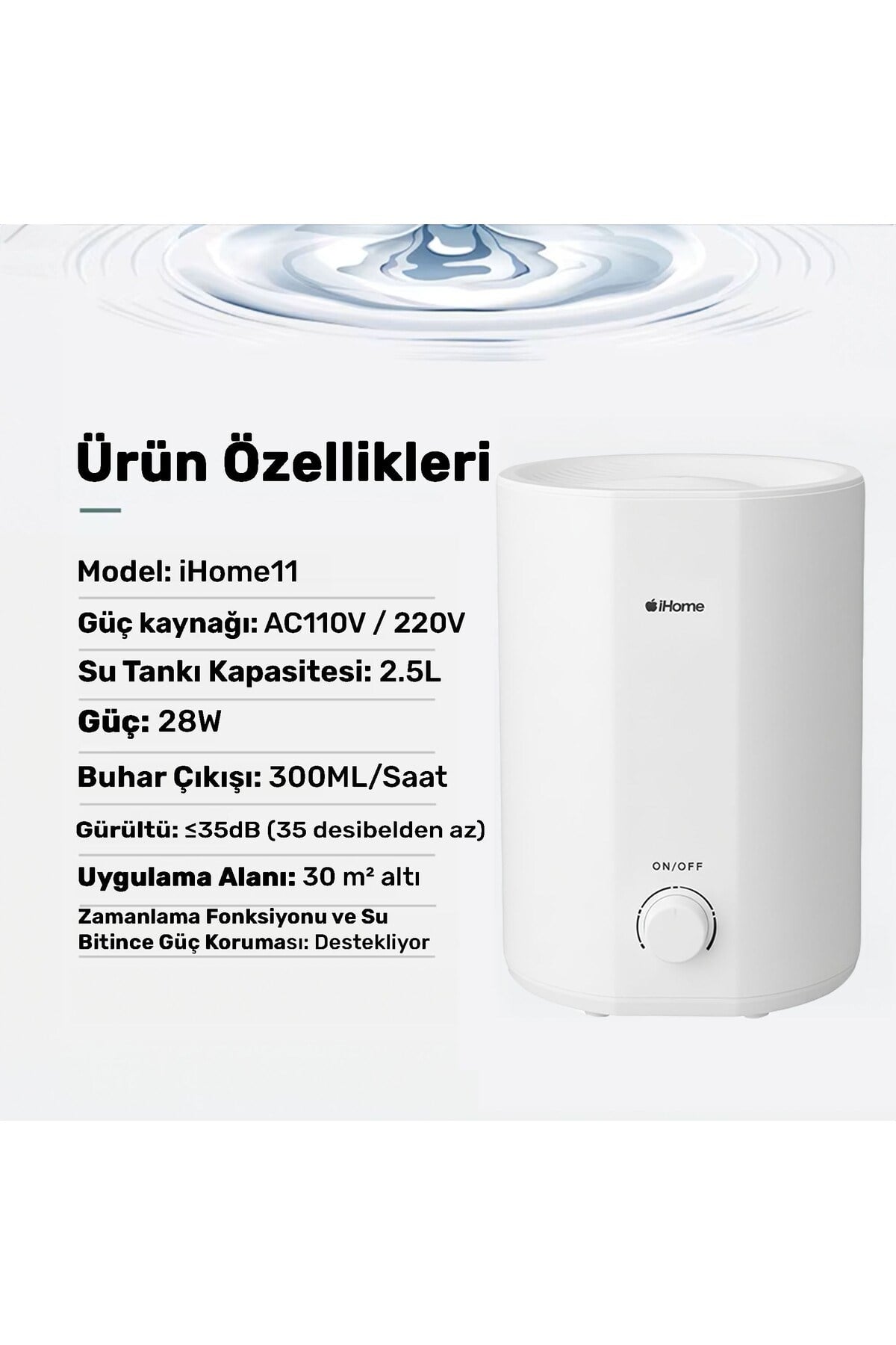 iHome11 2500ml Ayarlanabilir Aromaterapi Difüzör Ultrasonik Hava Nemlendirici Buhar Makinesi