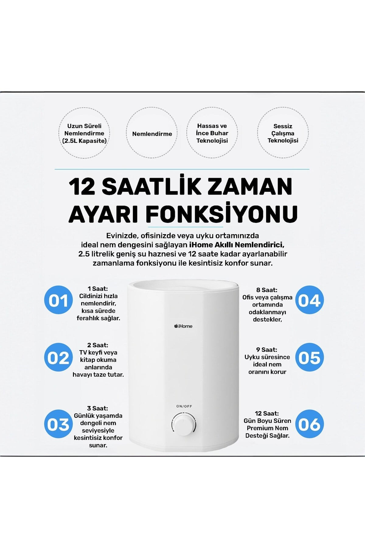 iHome11 2500ml Ayarlanabilir Aromaterapi Difüzör Ultrasonik Hava Nemlendirici Buhar Makinesi