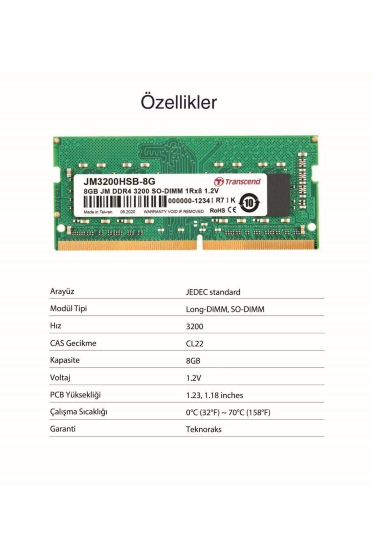 Jm3200hsb-8g 8gb Ddr4 3200mhz Cl22 1.2v Dell Uyumlu Notebook Ram