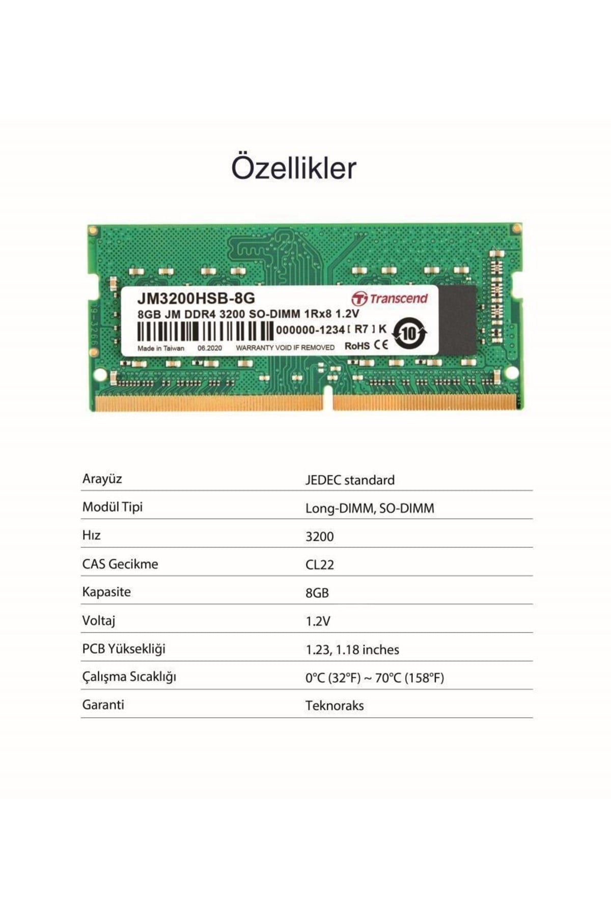 Jm3200hsb-8g 8gb Ddr4 3200mhz Cl22 1.2v Lenono Uyumlu Notebook Ram