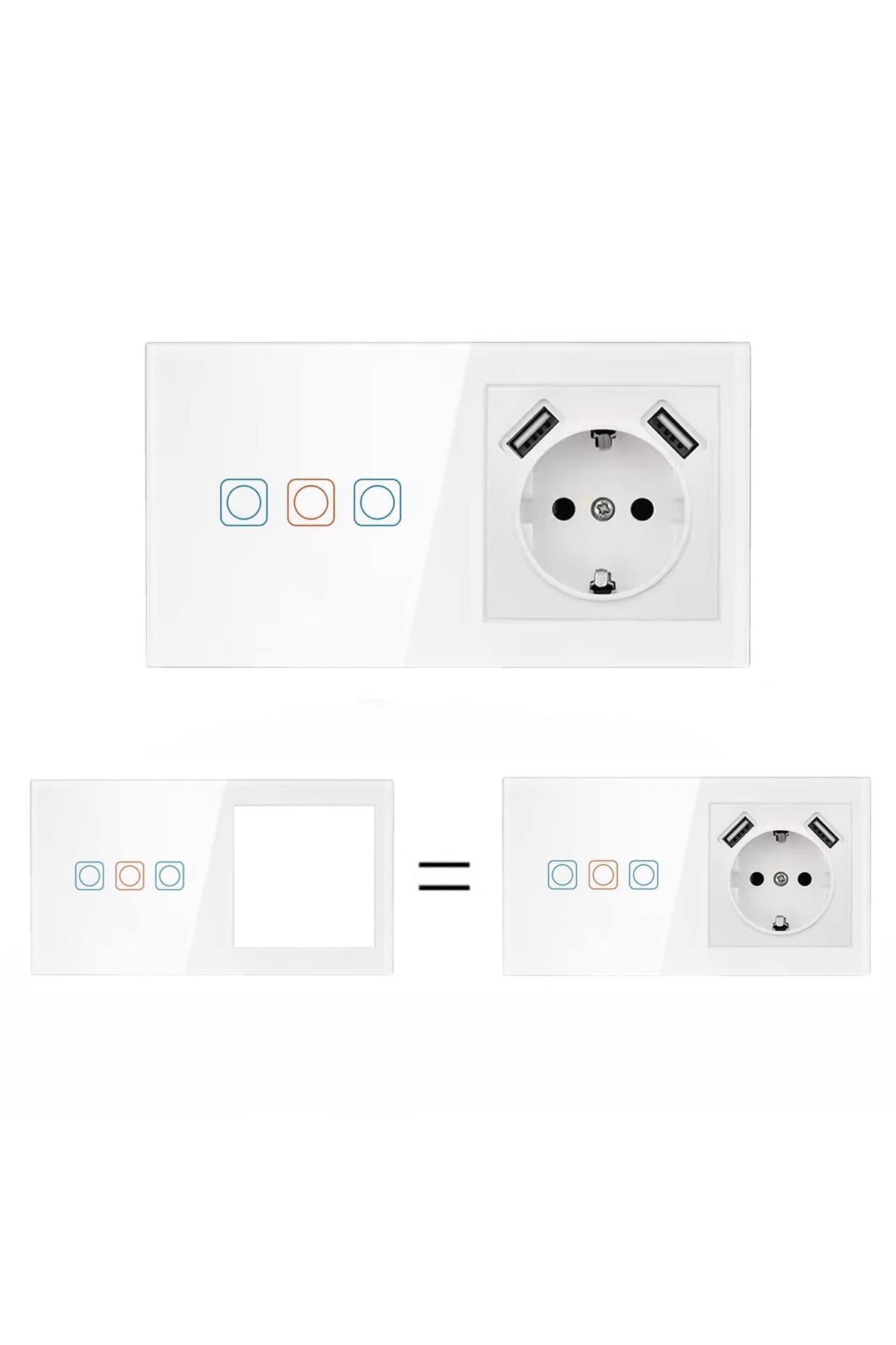 Lc05 Dokunmatik Wifi Tuya Destekli  3'lü Akıllı  Elektrik Anahtarı + Çift Usb Çıkışlı Elektrik P