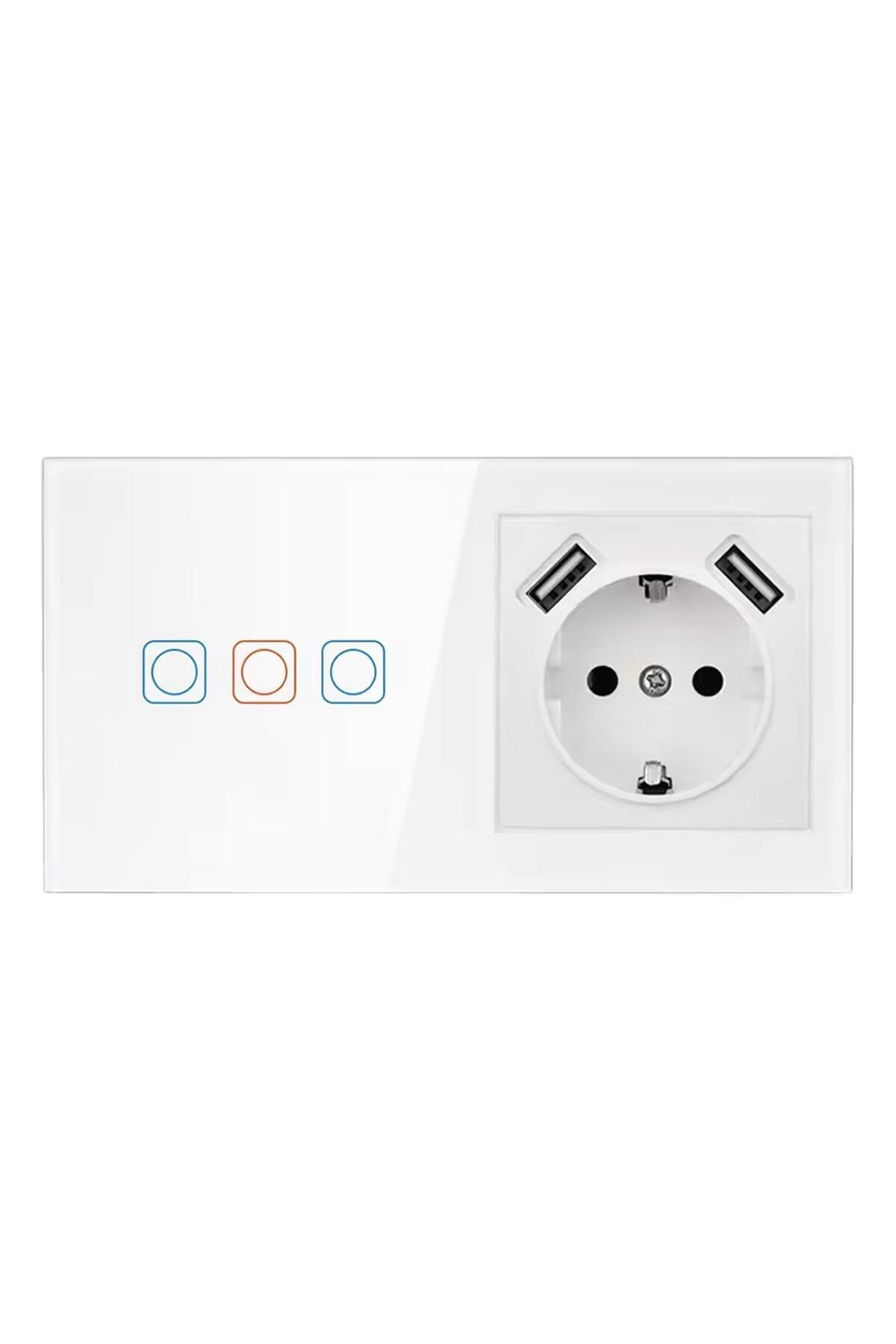 Lc05 Dokunmatik Wifi Tuya Destekli  3'lü Akıllı  Elektrik Anahtarı + Çift Usb Çıkışlı Elektrik P
