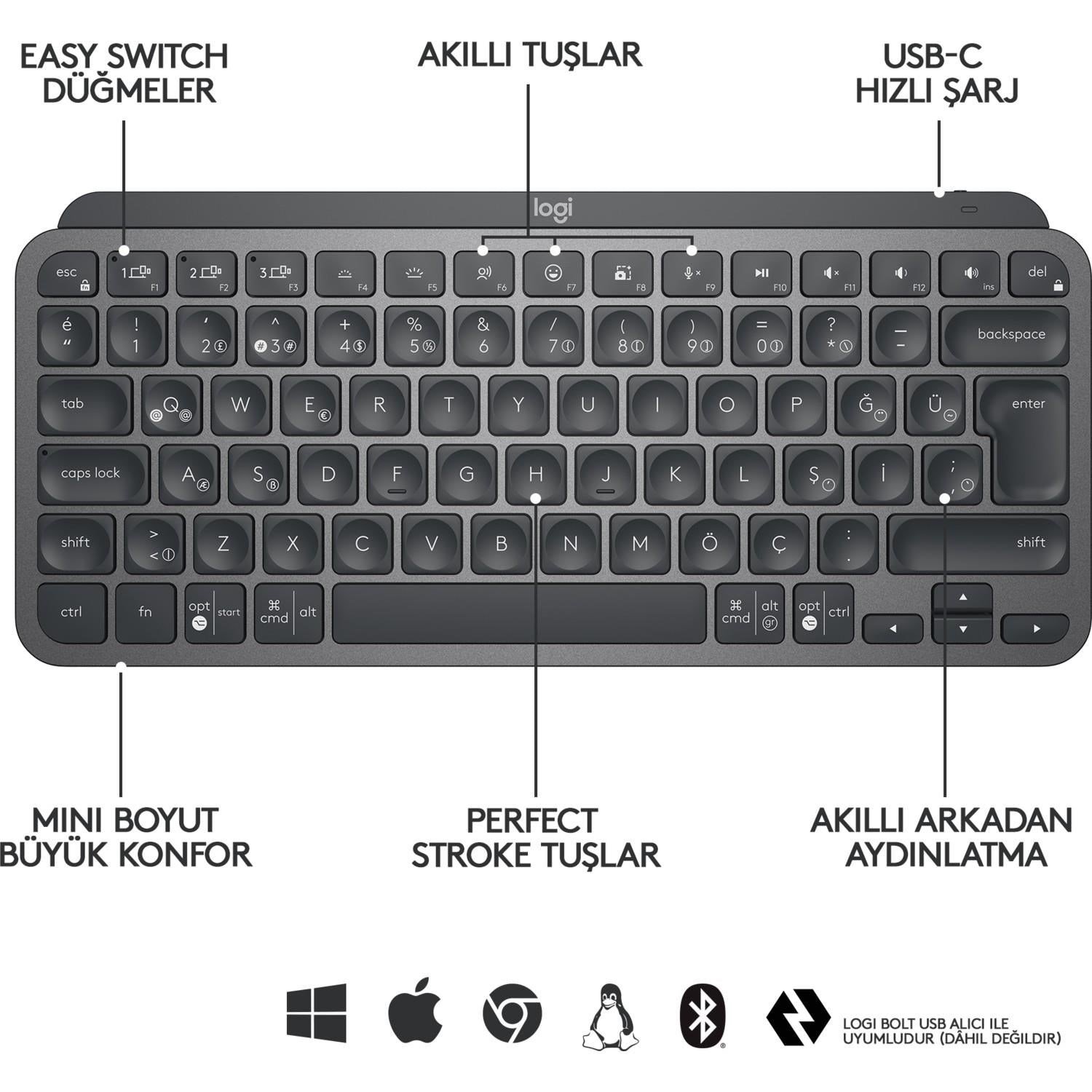 Logitech Mx Keys Mini Q Tr Klavye Siyah 920-010504