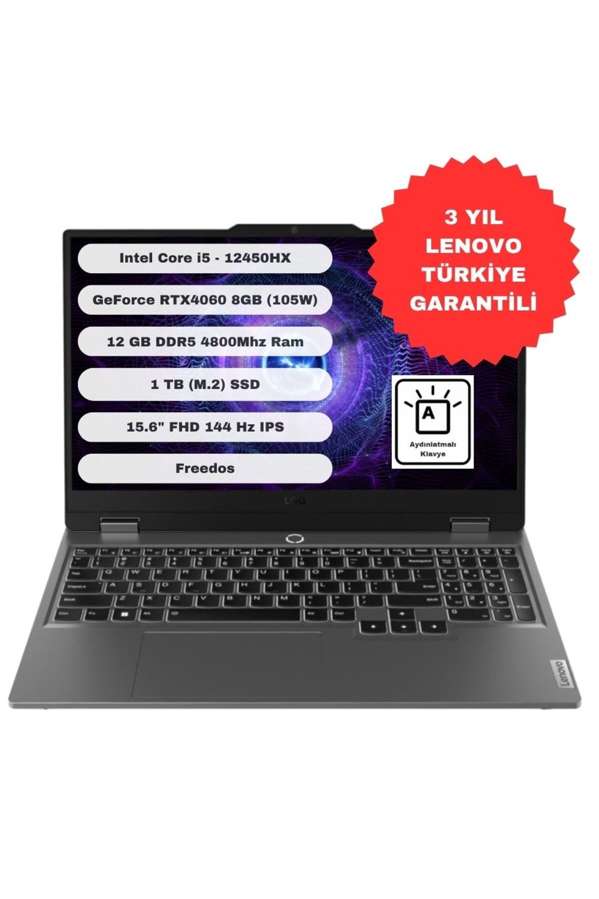 LOQ 83GS00PHTR i5-12450HX 12GB 1TB SSD 8GB RTX 4060 144Hz 15.6 FreeDos