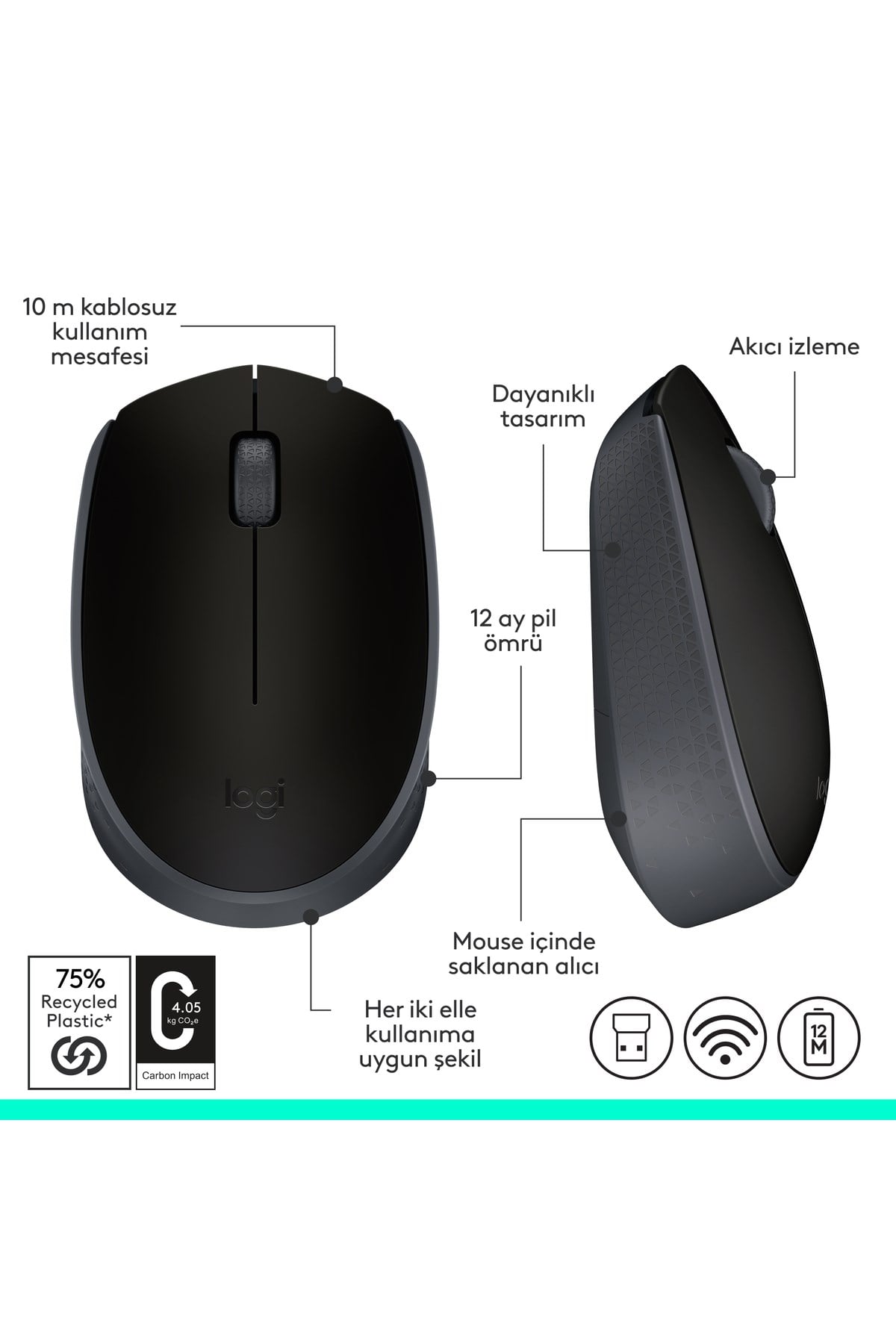 M171 USB Alıcılı Kablosuz Kompakt Mouse, Siyah 910-004424