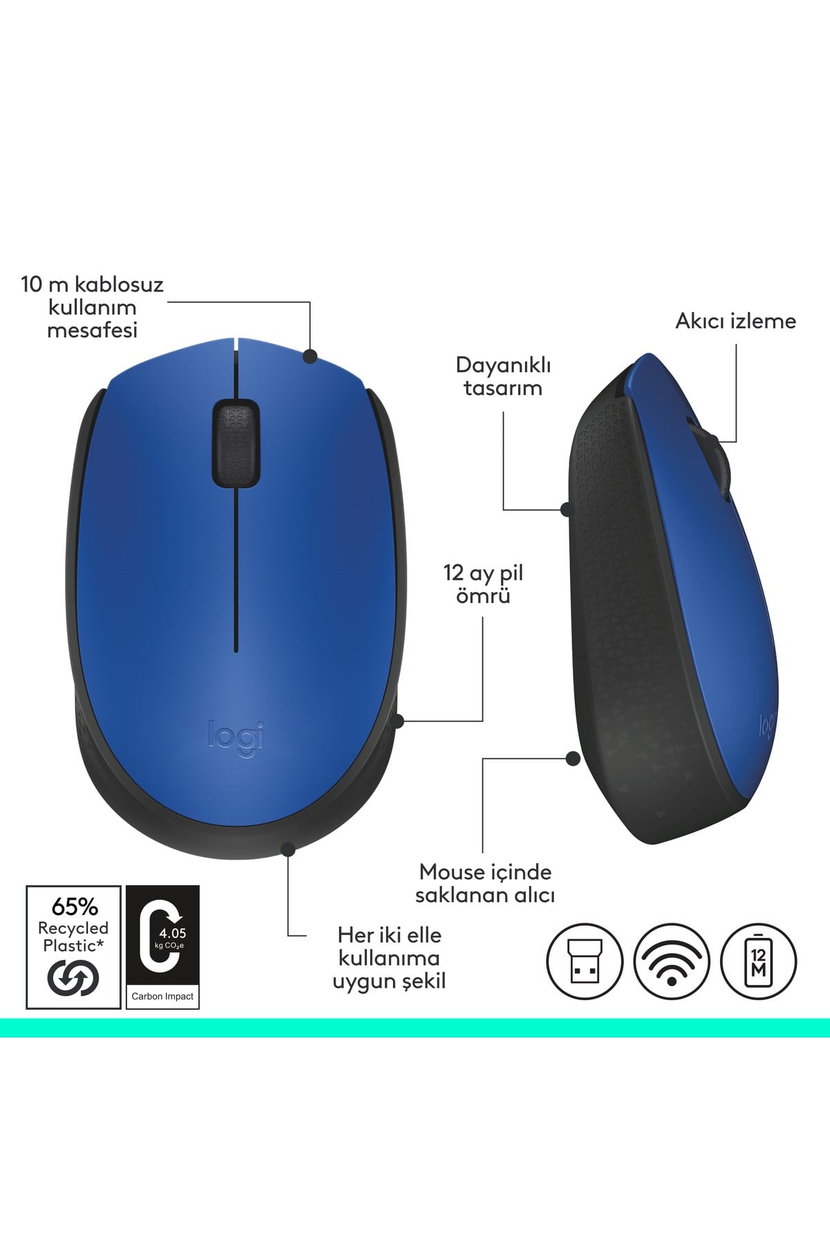 M171 USB Alıcılı Kablosuz Kompakt Mouse, Mavi 910-004640